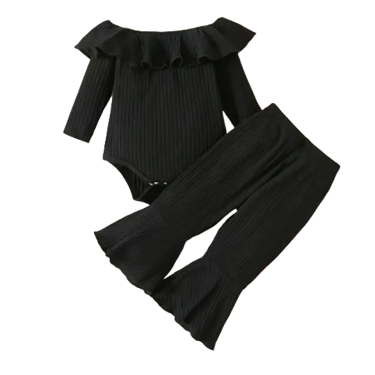 Black 2pc Ruffled Bodysuit & Flared Pants