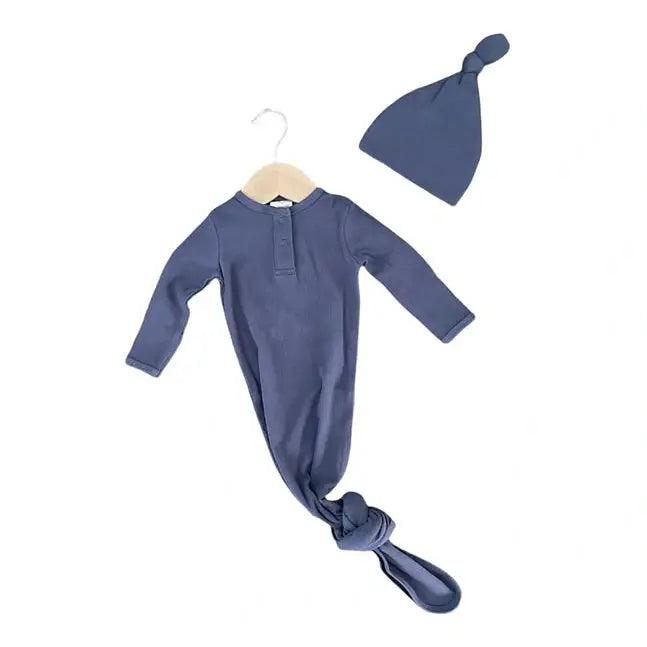 Organic Cotton Knotted Gown & Matching Hat, Harbor