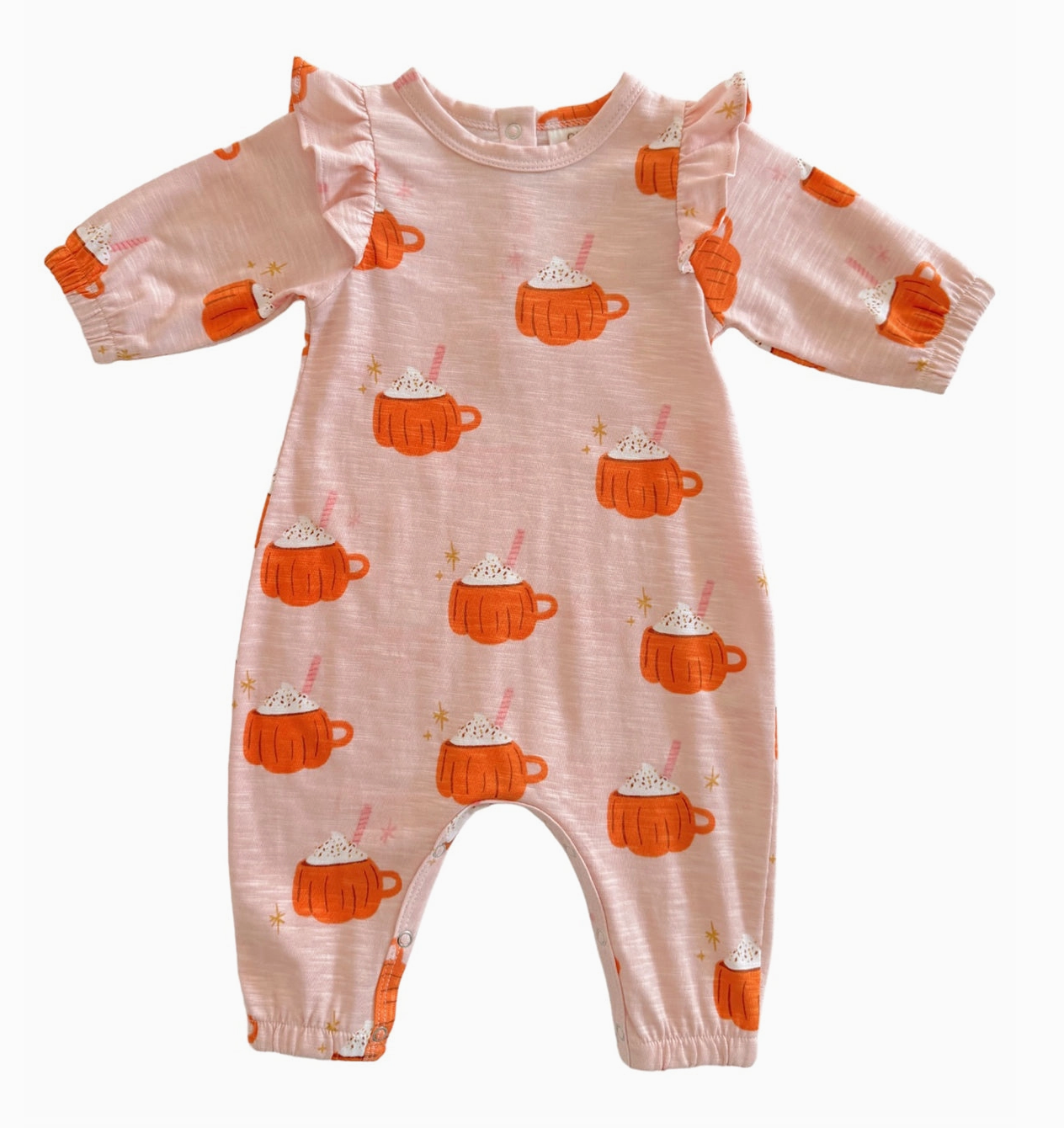 Pumpkin Mug Pink / Organic Long Sleeve Ruffle Jumpsuit