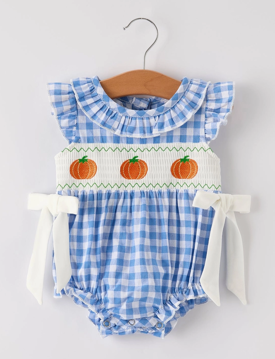 Fall Blue Pumpkin Smock Embroidery Romper
