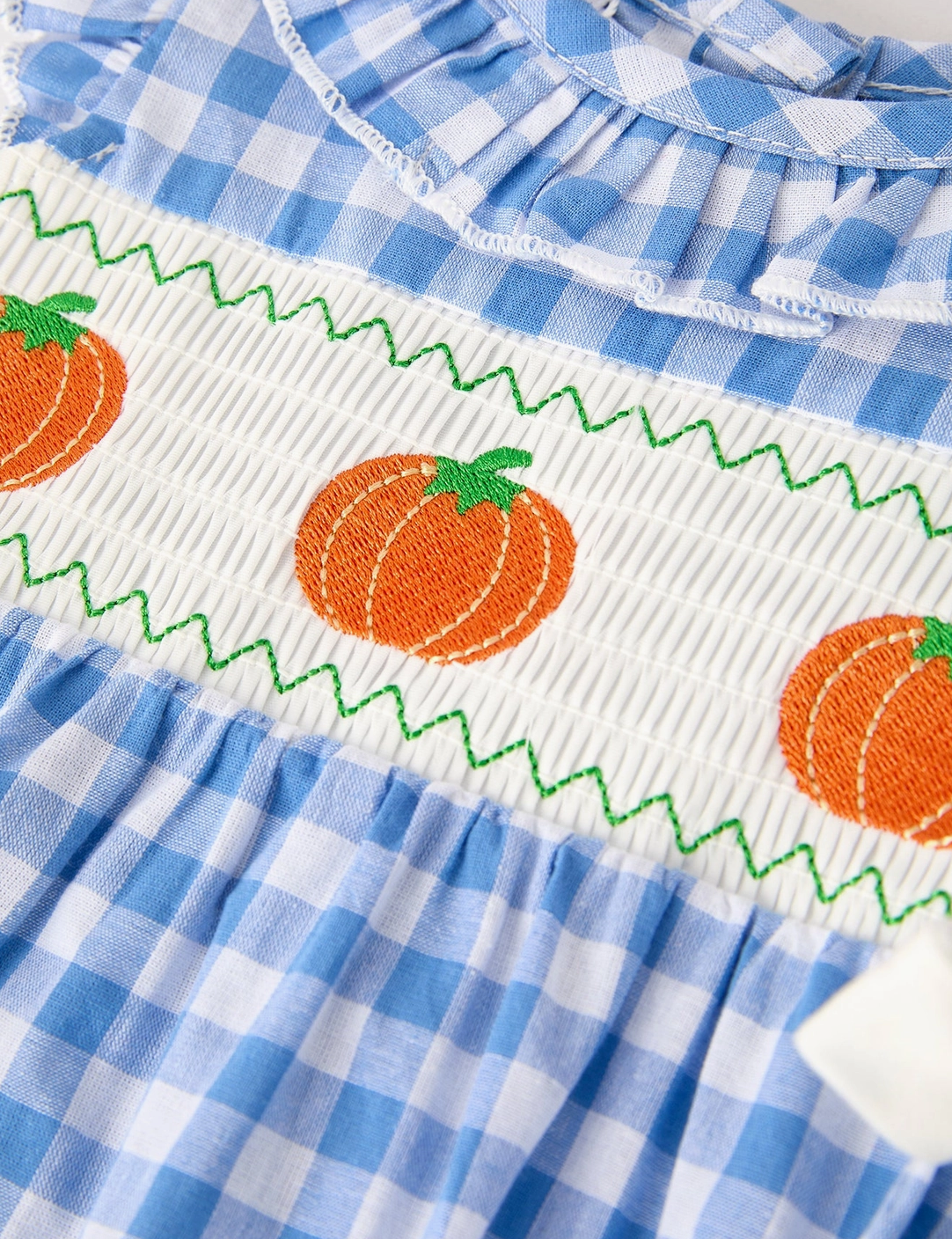 Fall Blue Pumpkin Smock Embroidery Romper