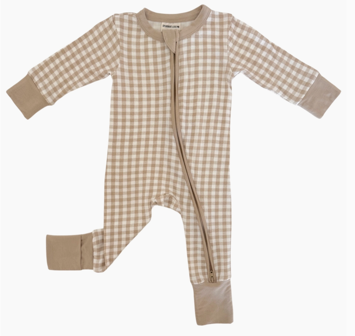 2-Way Convertible Zip Romper, Tan Gingham