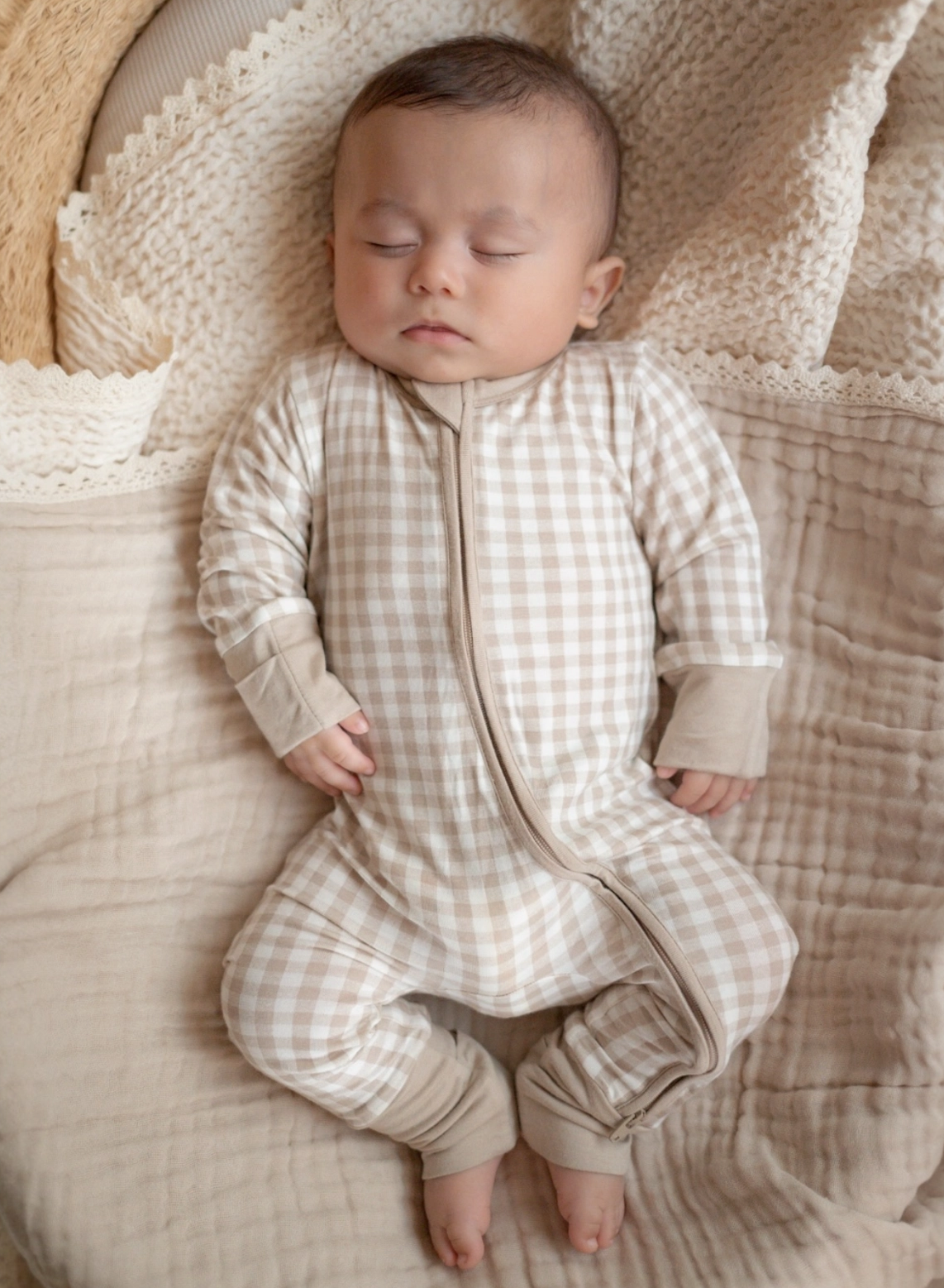 2-Way Convertible Zip Romper, Tan Gingham