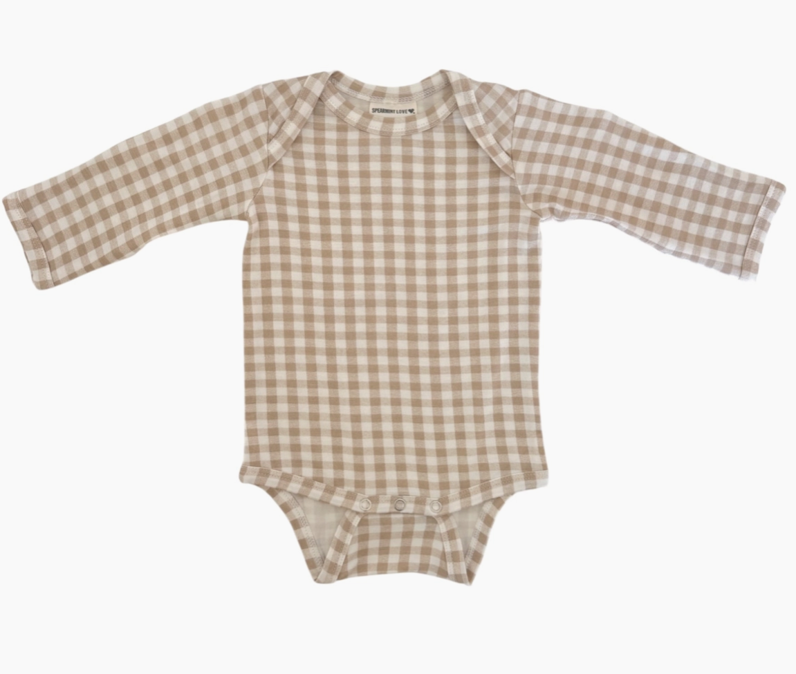Long Sleeve Bodysuit, Tan Gingham