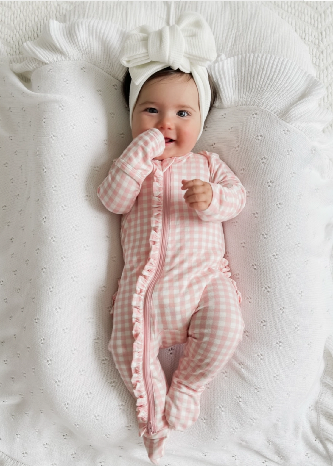 2-Way Zip Ruffle Footie, Pink Gingham