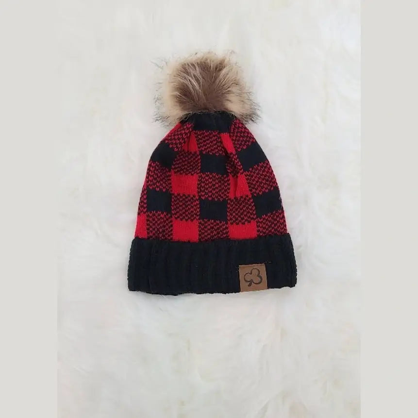 Buffalo Plaid Beanie with Faux Fur Pom