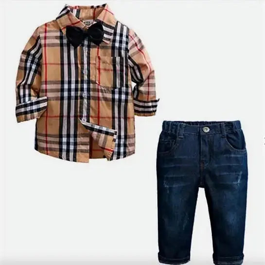 3pc Plaid Button Up Shirt, Jeans, & Bowtie