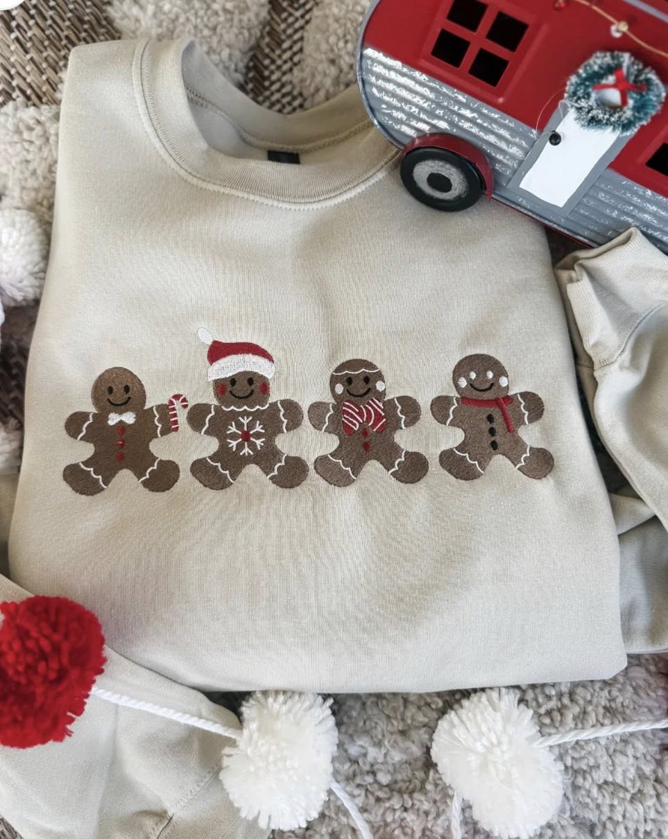Gingerbread Man Embroidered Crewneck- Sand