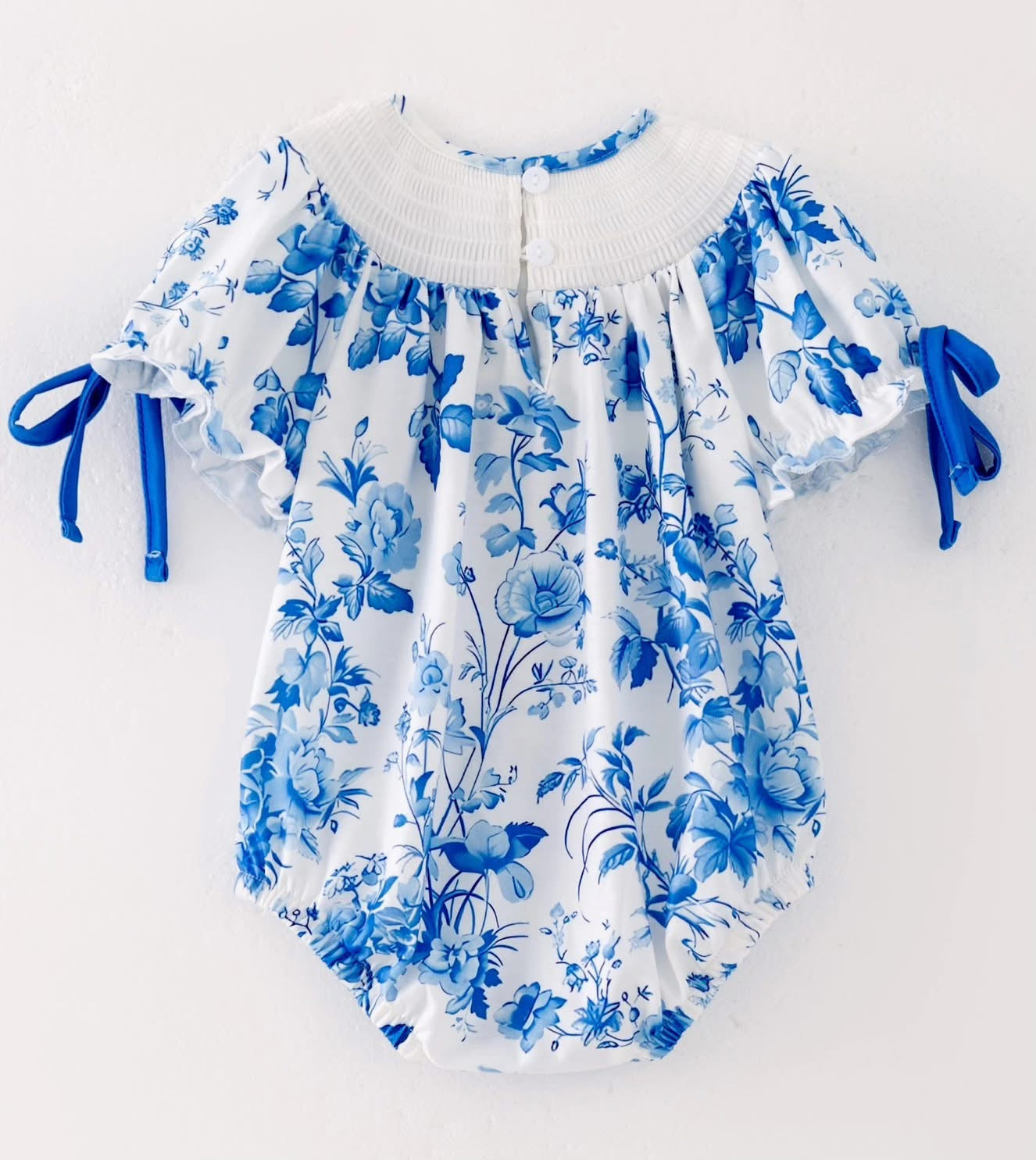Custom Name Embroidered Girls Blue Floral Smocked Romper