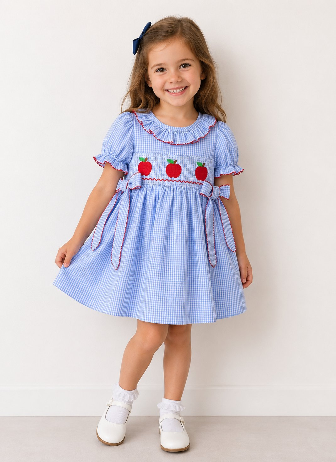 Embroidered Back To School Apple Plaid Smocked Dress