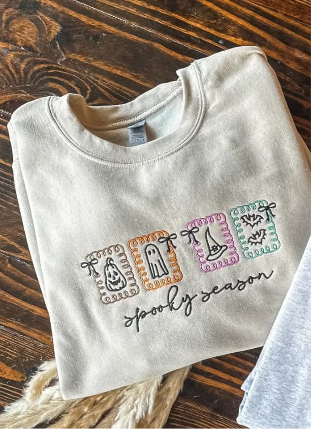 Spooky Season Postage Stamp Embroidered Crewneck- Sand