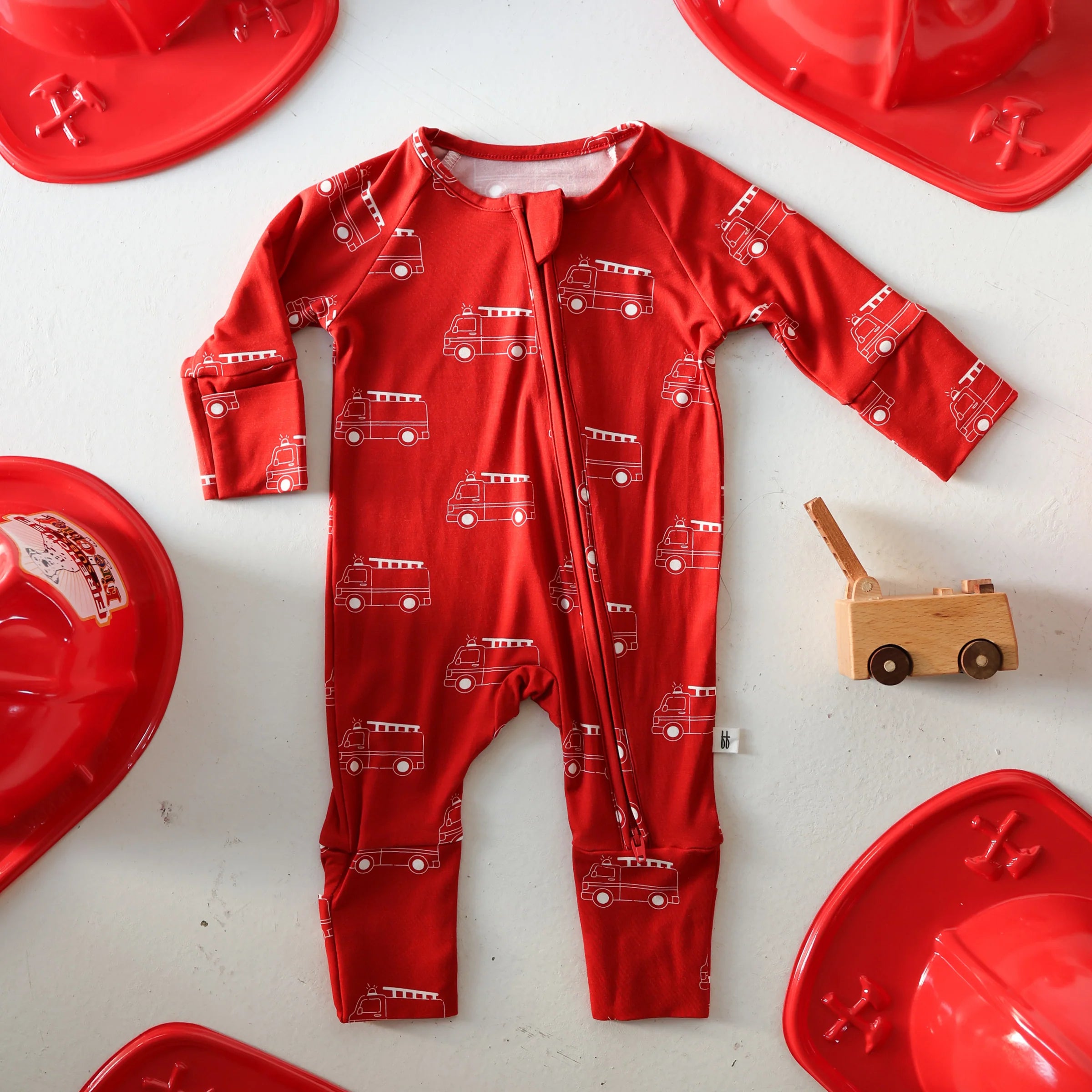 FOREVER FRENCH:  Fire Truck Bamboo Pajamas, Bodysuit