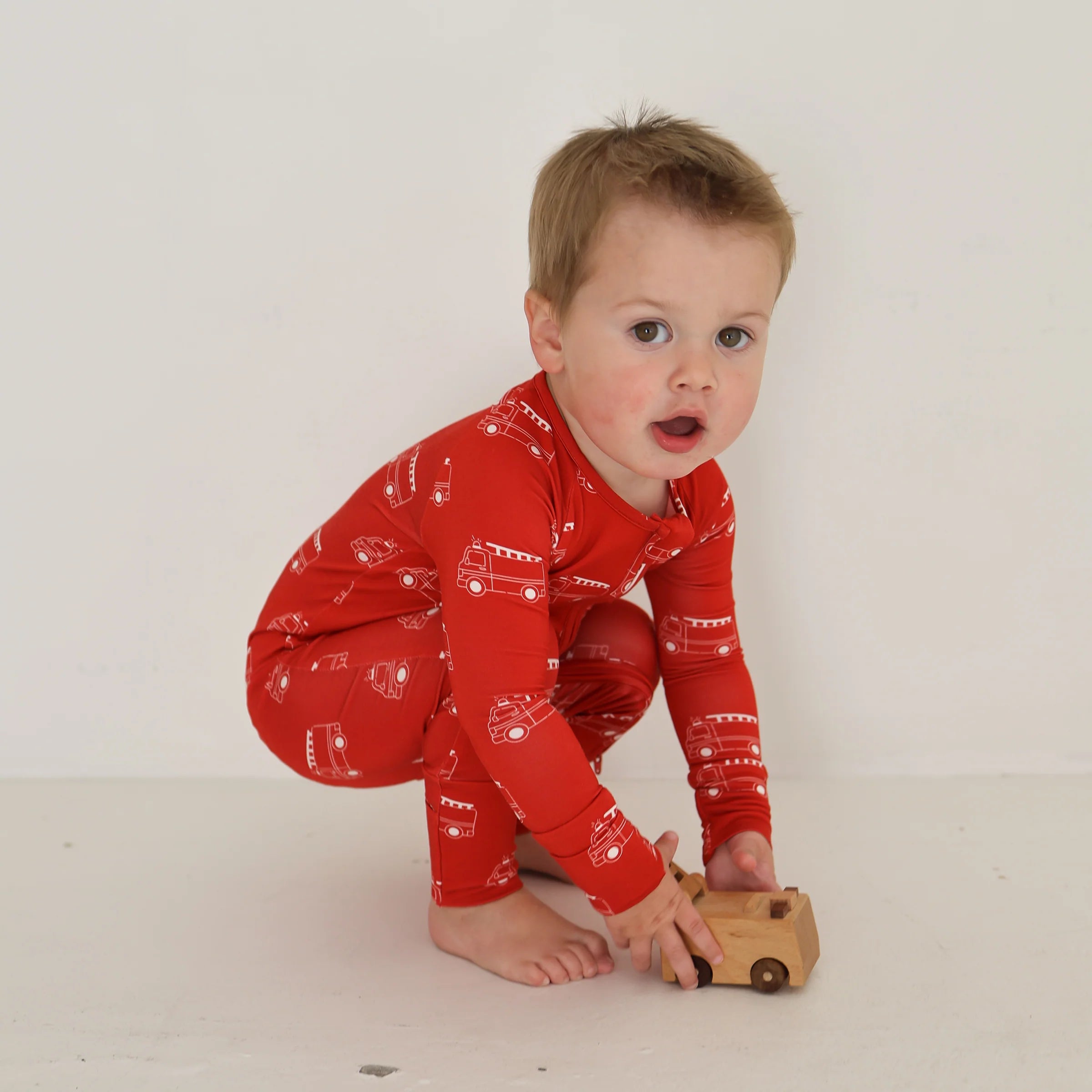 FOREVER FRENCH:  Fire Truck Bamboo Pajamas, Bodysuit