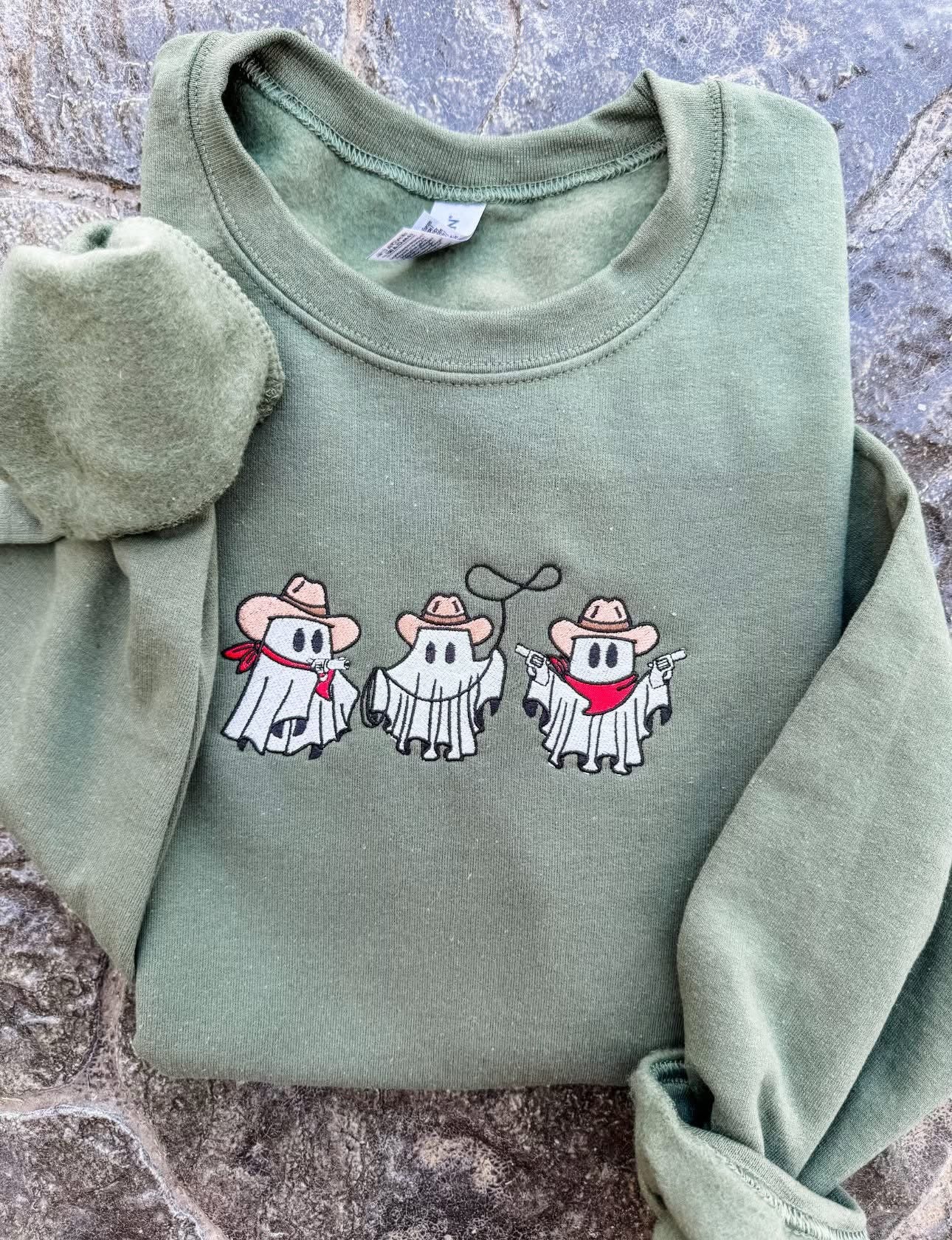 Cowboy Ghost Trio Embroidered Crewneck- Military Green