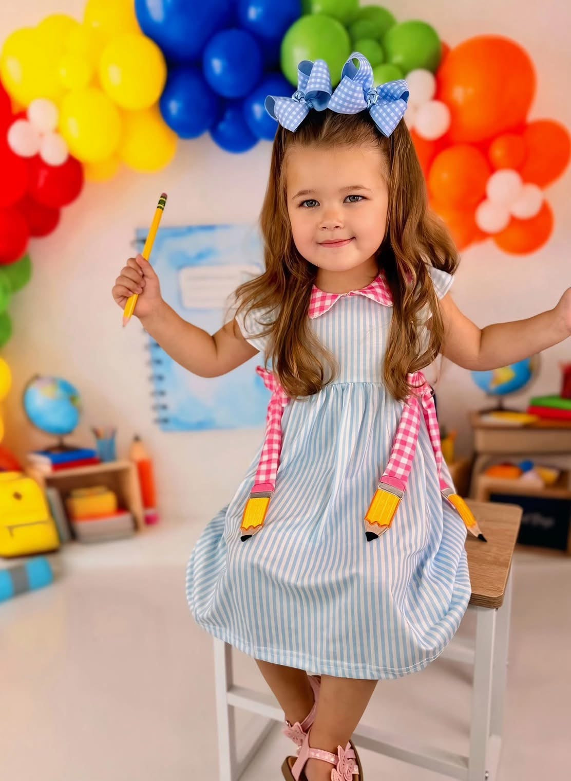 Back To School Girls Striped Lapels Bow Dress