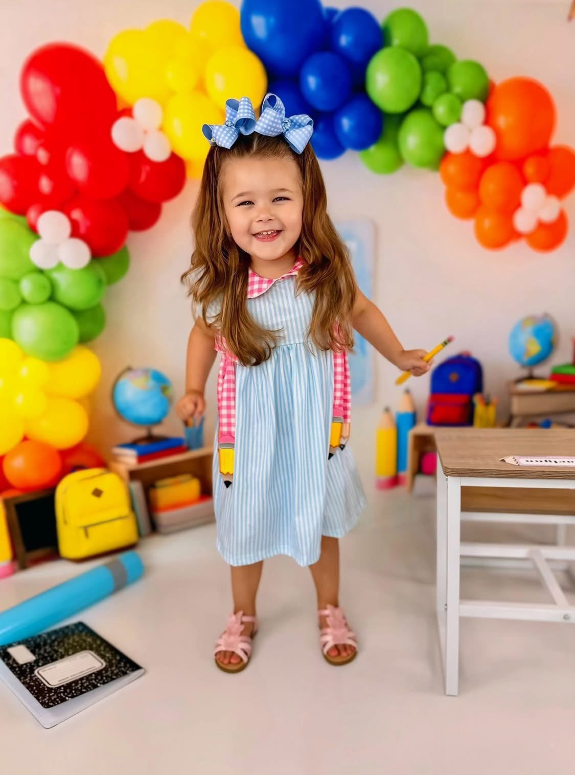 Back To School Girls Striped Lapels Bow Dress