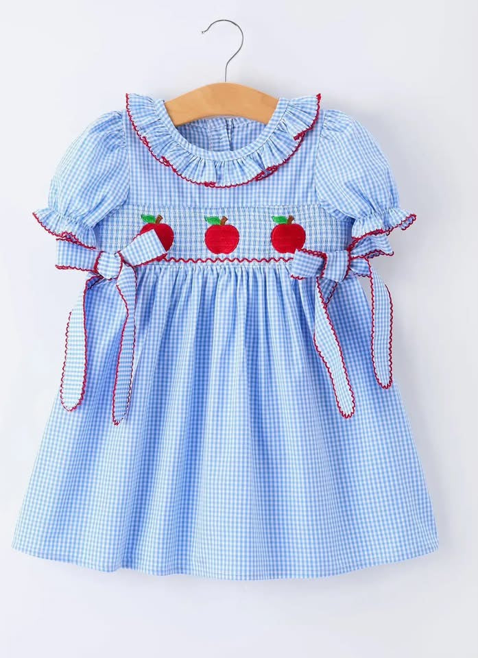 Embroidered Back To School Apple Plaid Smocked Dress