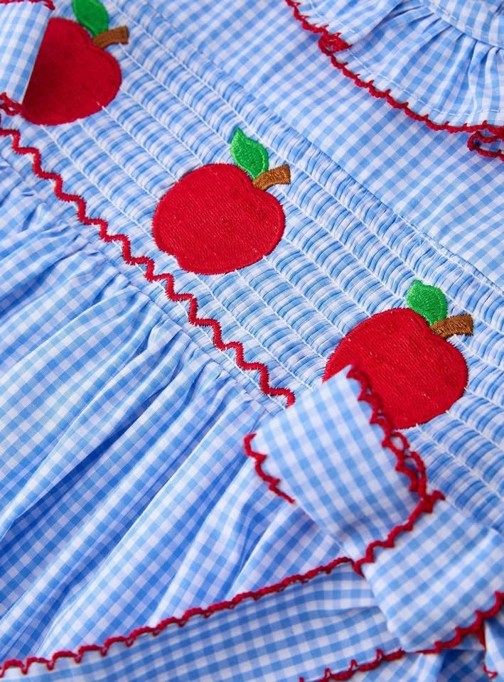 Embroidered Back To School Apple Plaid Smocked Dress