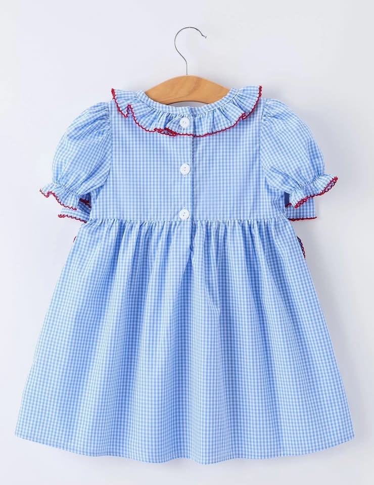 Embroidered Back To School Apple Plaid Smocked Dress
