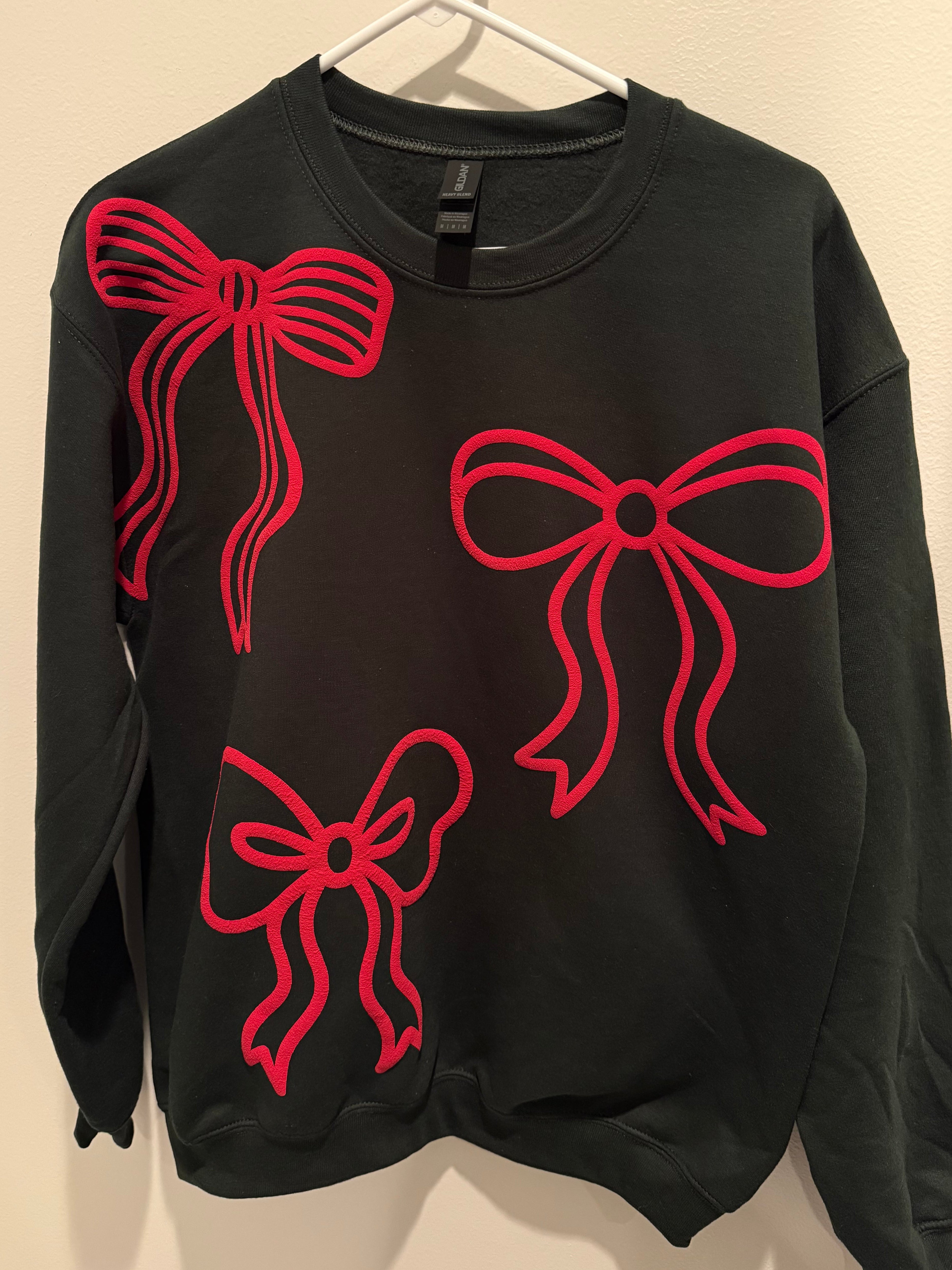 Puff Red Bows Crewneck Sweatshirt- Forest Green