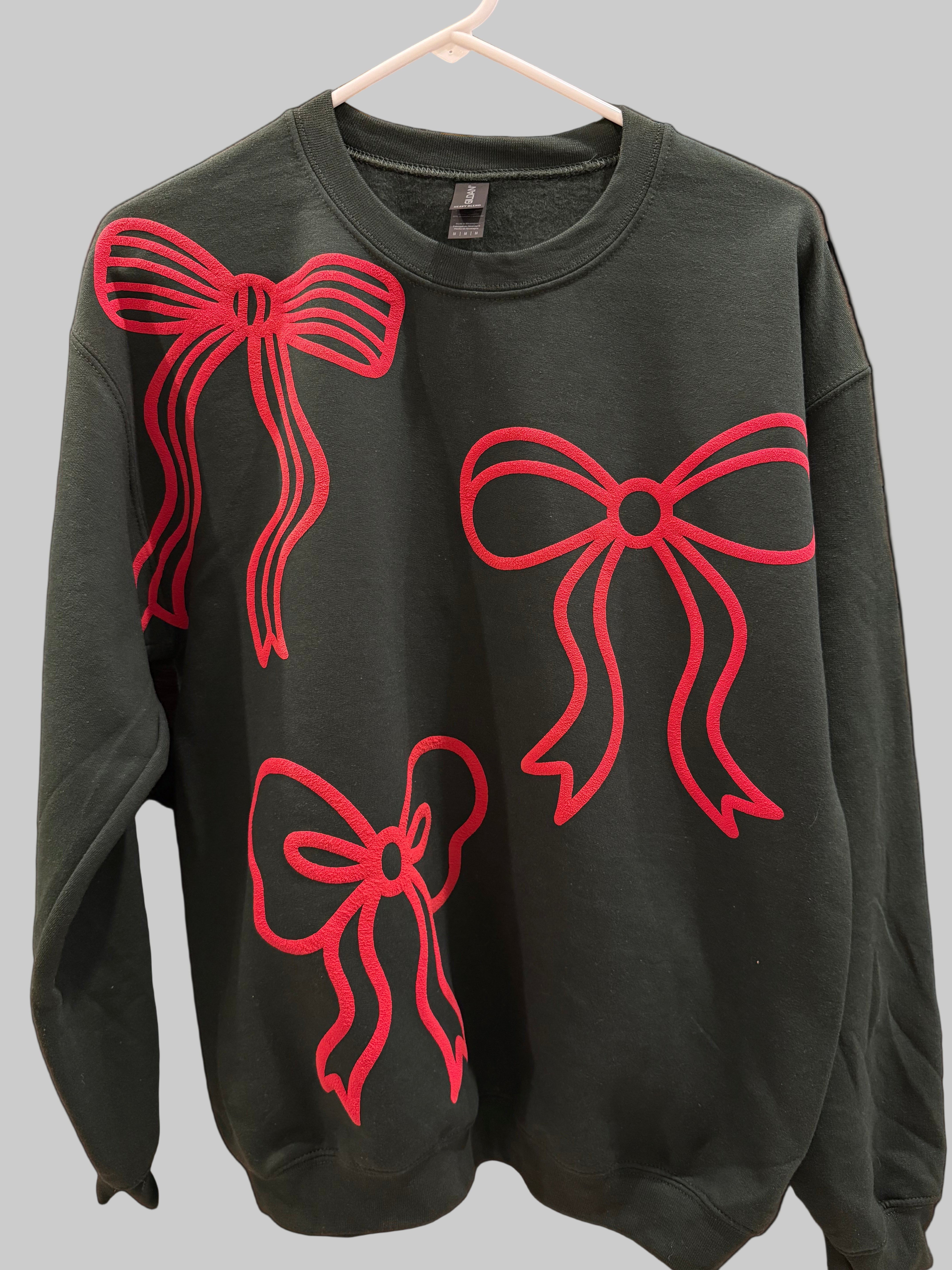 Puff Red Bows Crewneck Sweatshirt- Forest Green