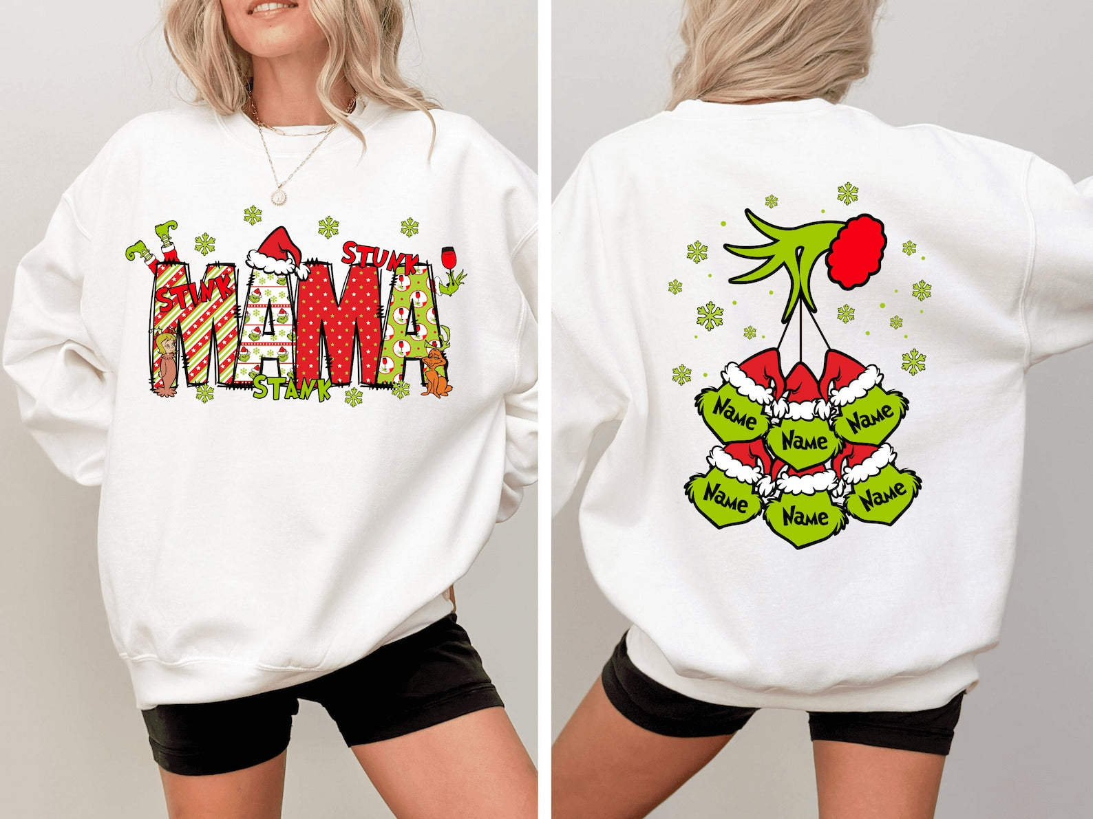 Custom Grinch Sweatshirt with names on back- White