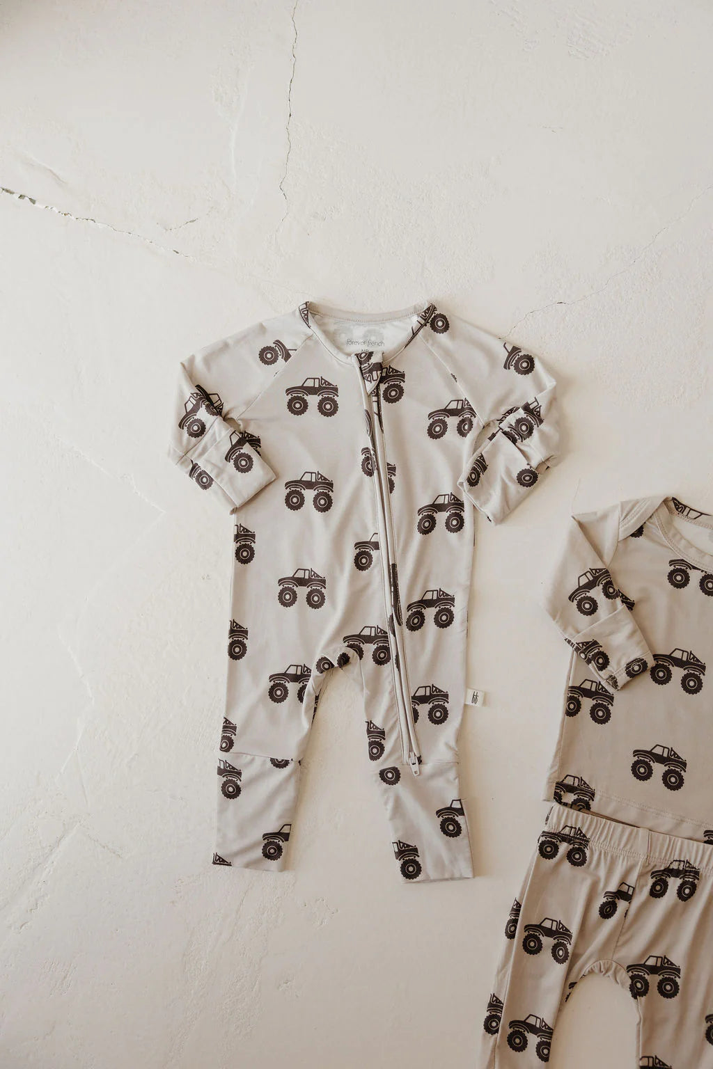 FOREVER FRENCH:  Monster Truck Bamboo Pajamas, Bodysuit