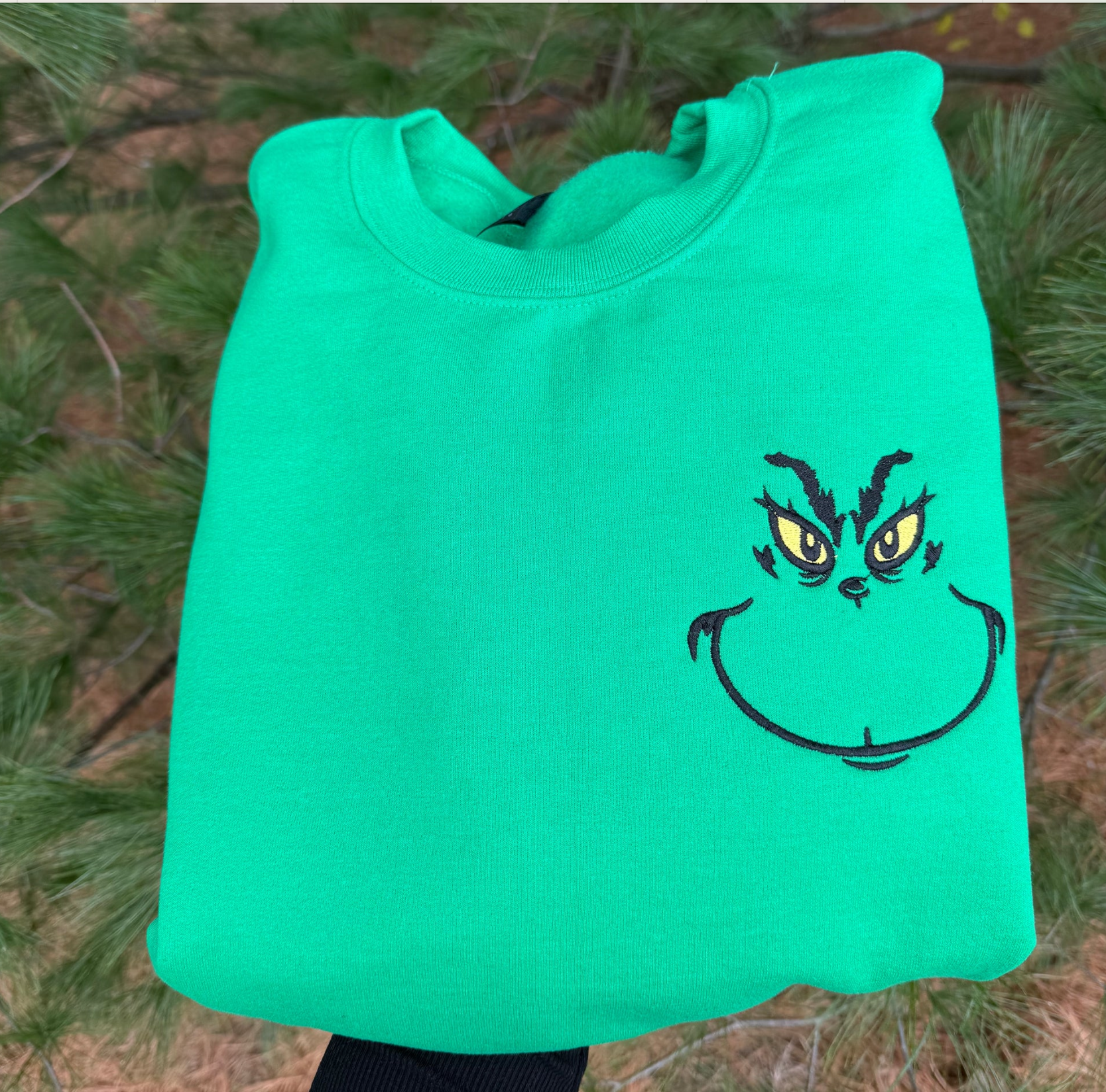 Grinch Face Embroidered Crewneck- Green