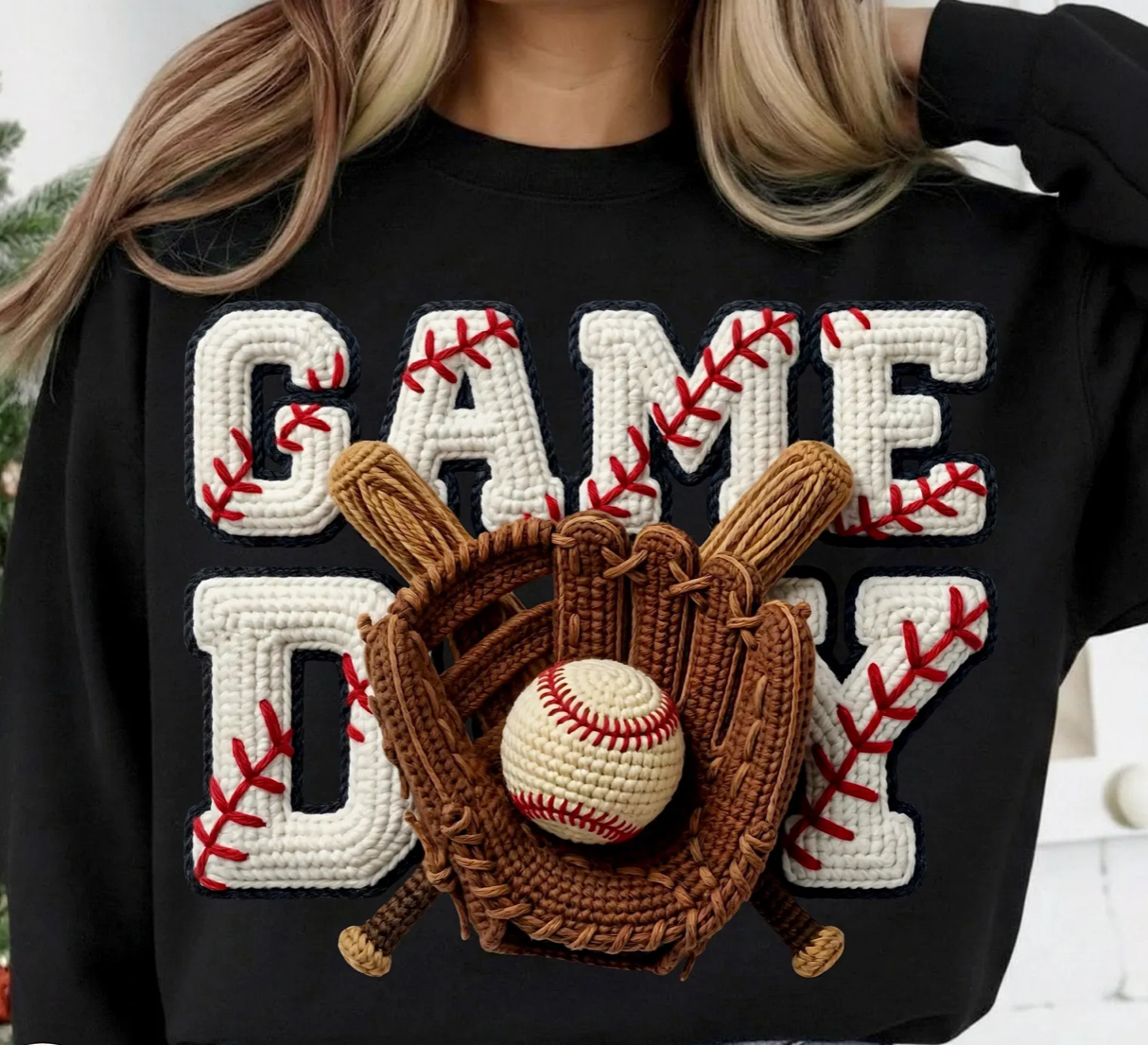 Faux Crochet Baseball Game Day Sweatshirt, Black