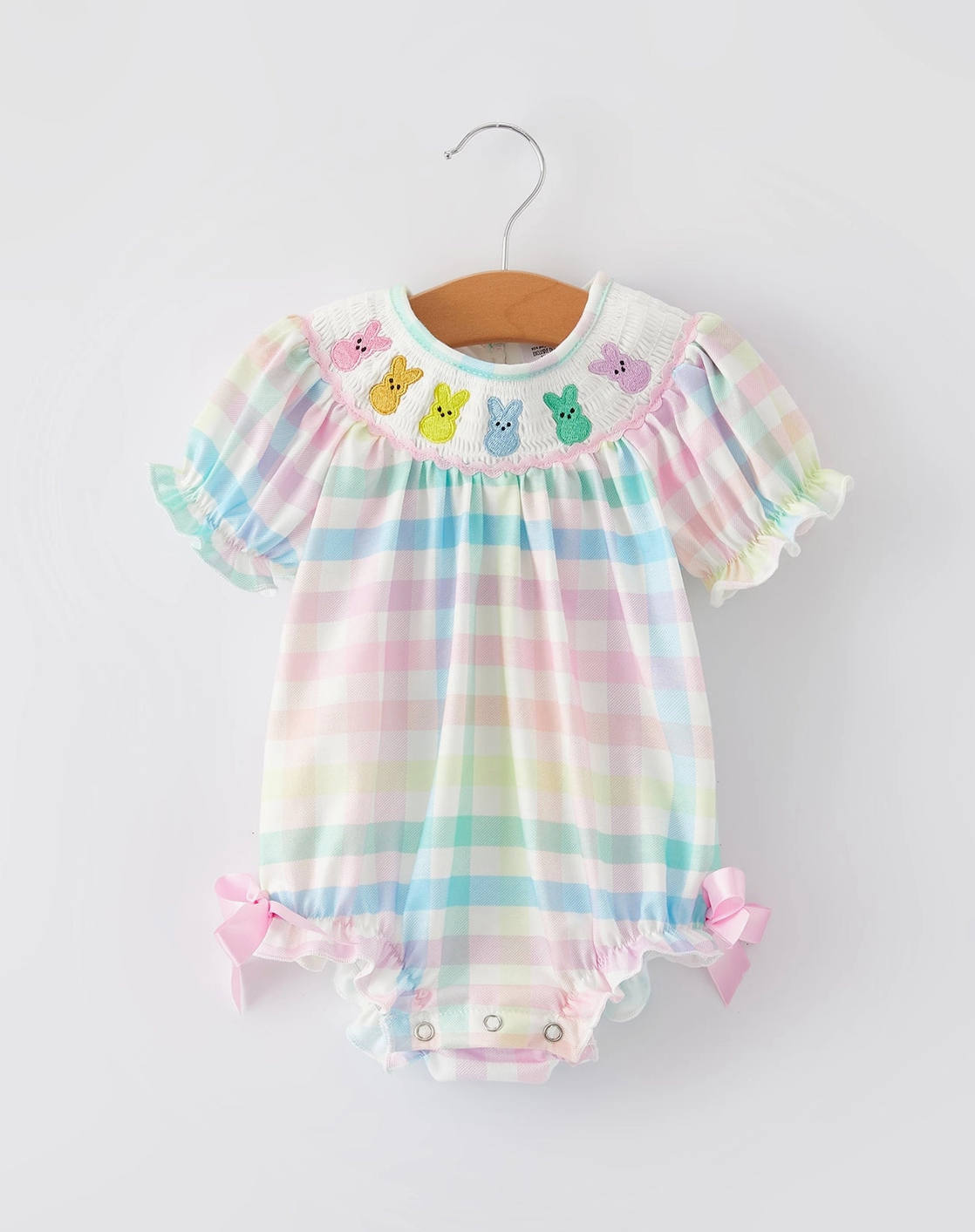 Easter Bunny Embroidery Girls Pink Plaid Bow Romper