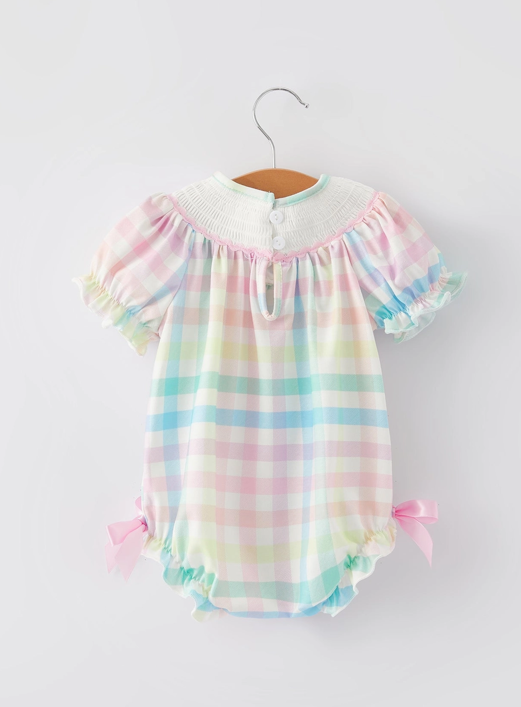 Easter Bunny Embroidery Girls Pink Plaid Bow Romper