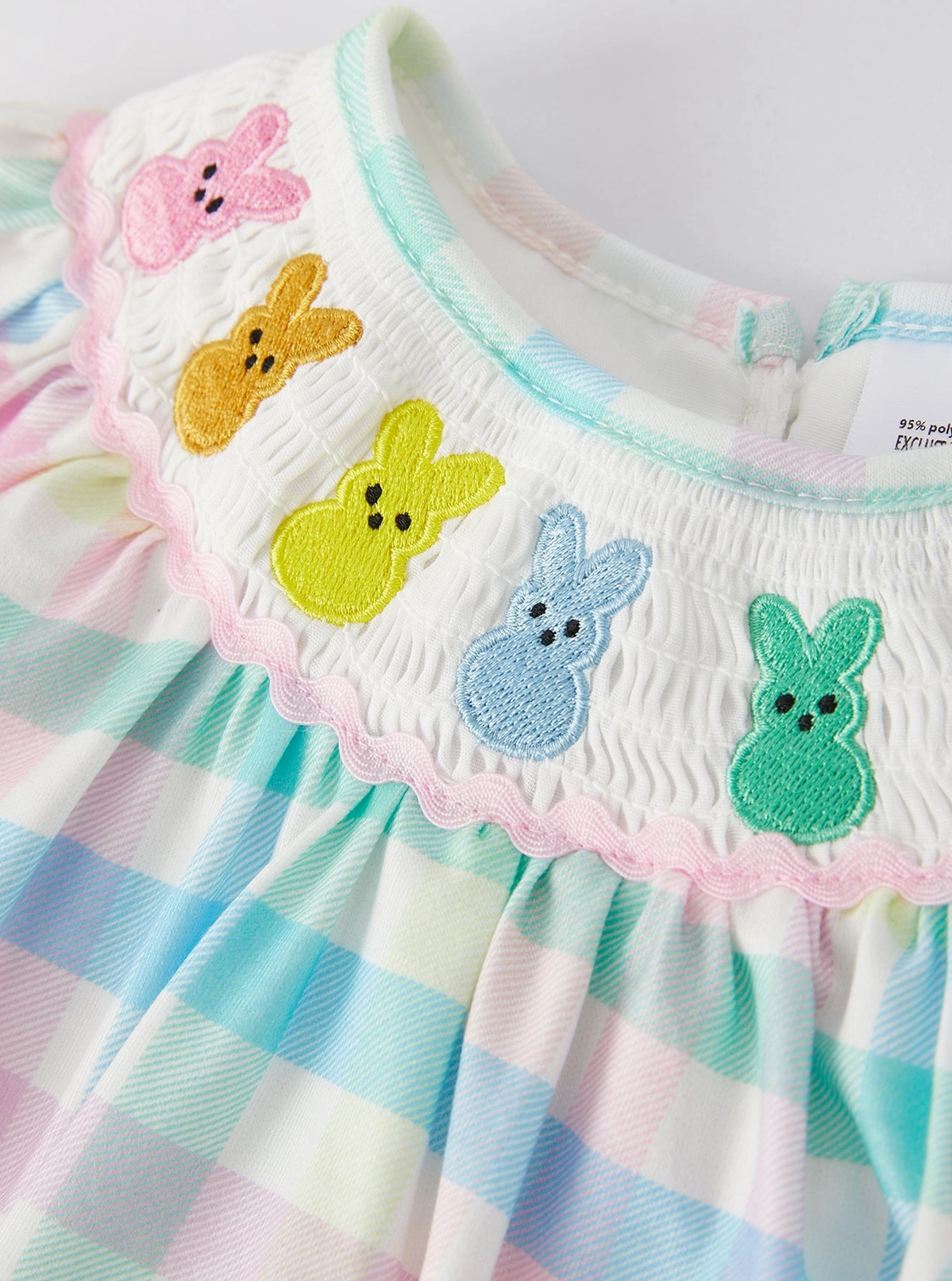 Easter Bunny Embroidery Girls Pink Plaid Bow Romper