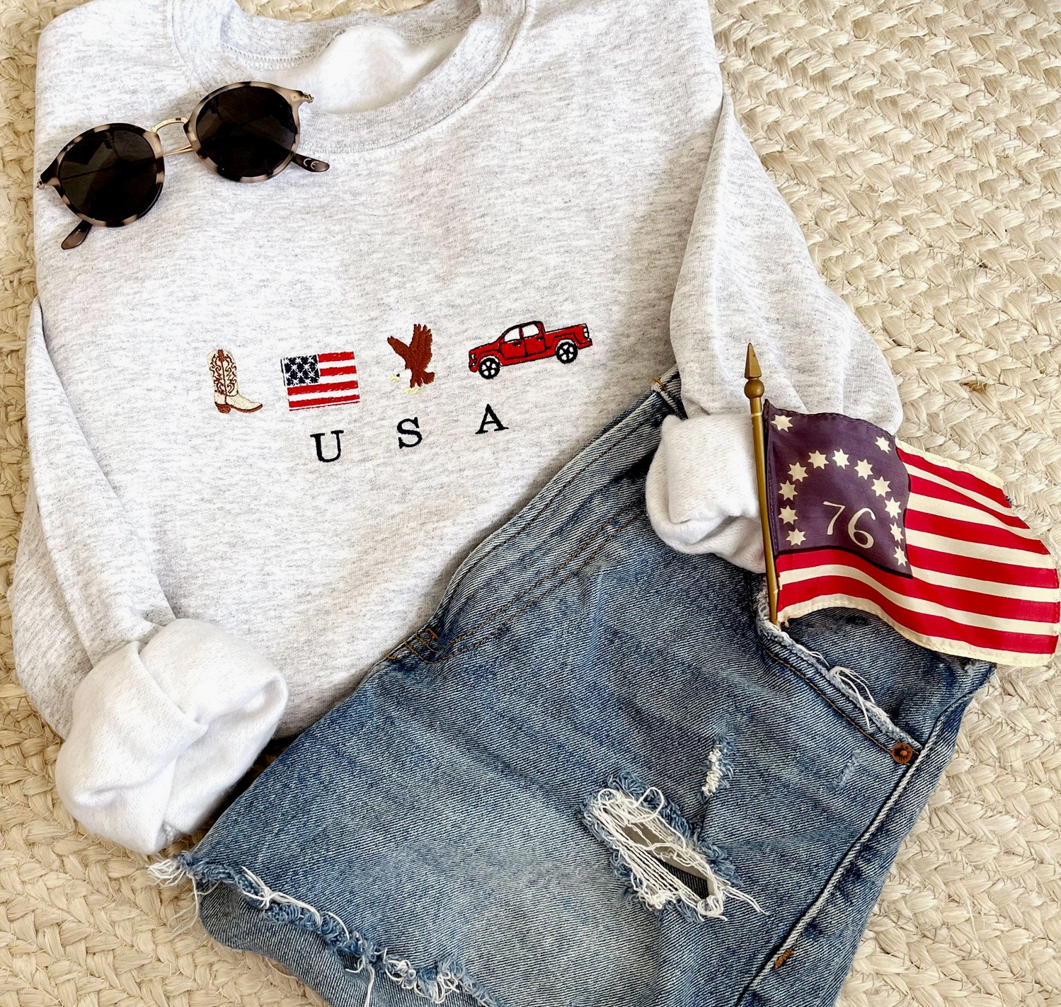 USA Embroidered Icons Crewneck Sweatshirt, Ash