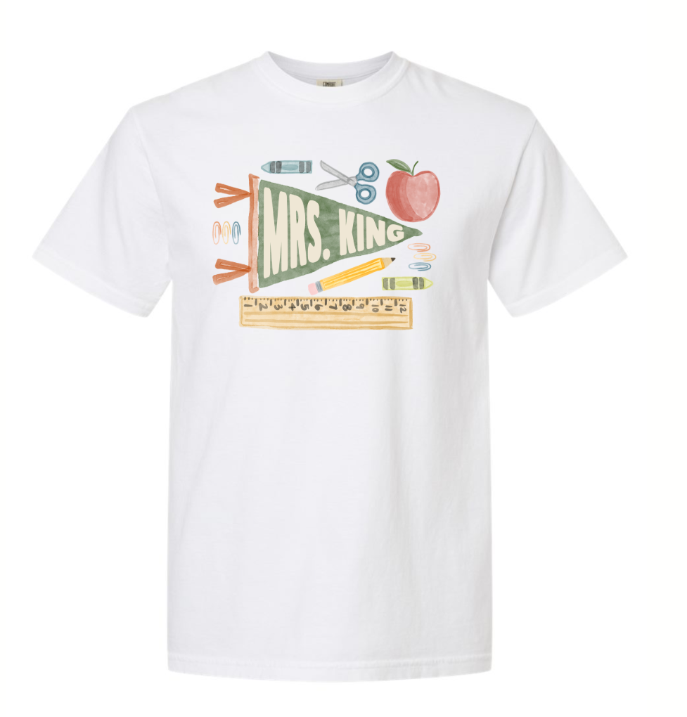 Custom Name Back to School Watercolor Pennant T-Shirt- Adult