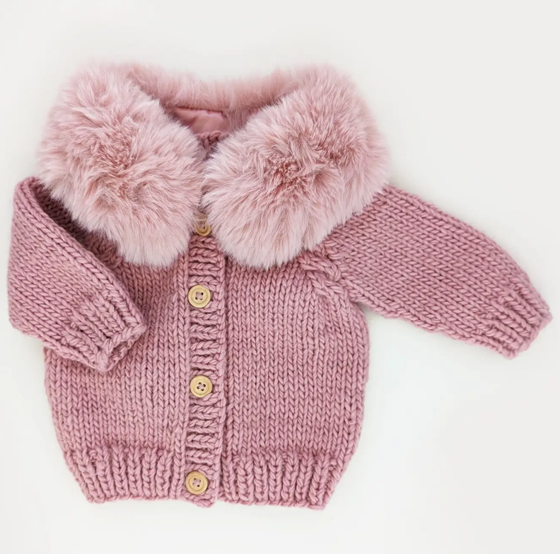 Fur Collar Rosy Cardigan Sweater For Baby & Toddler
