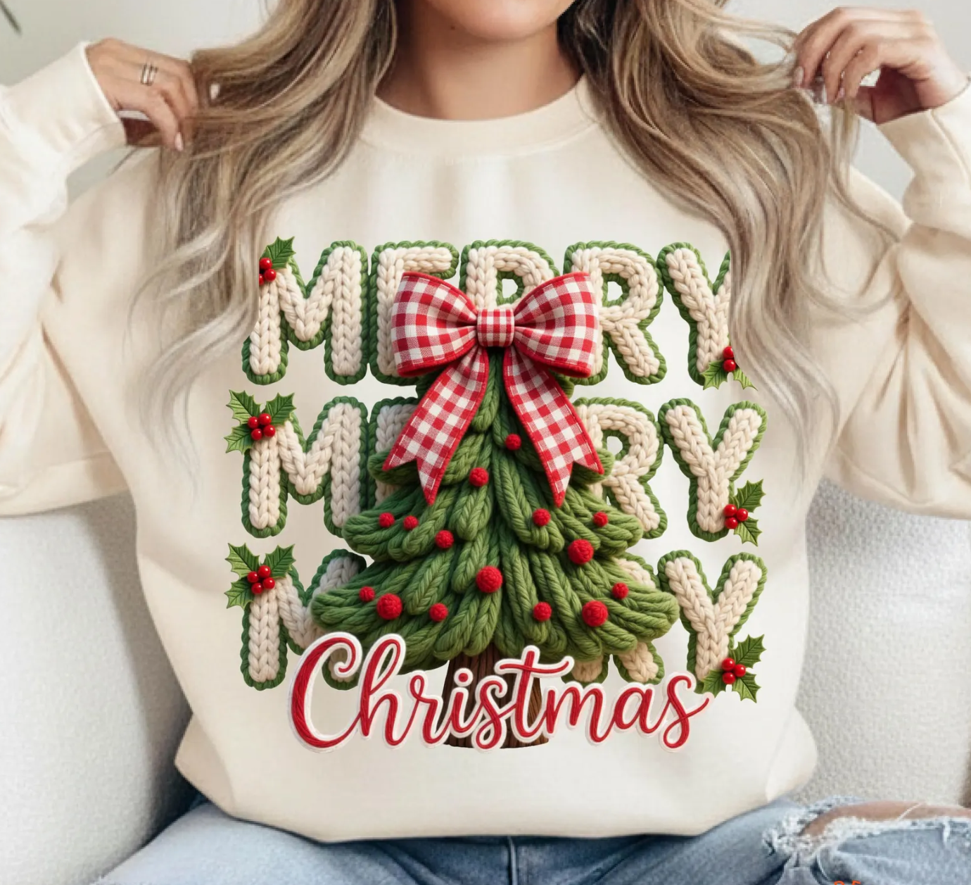 Faux Yarn "Merry Christmas" Sweatshirt- Sand