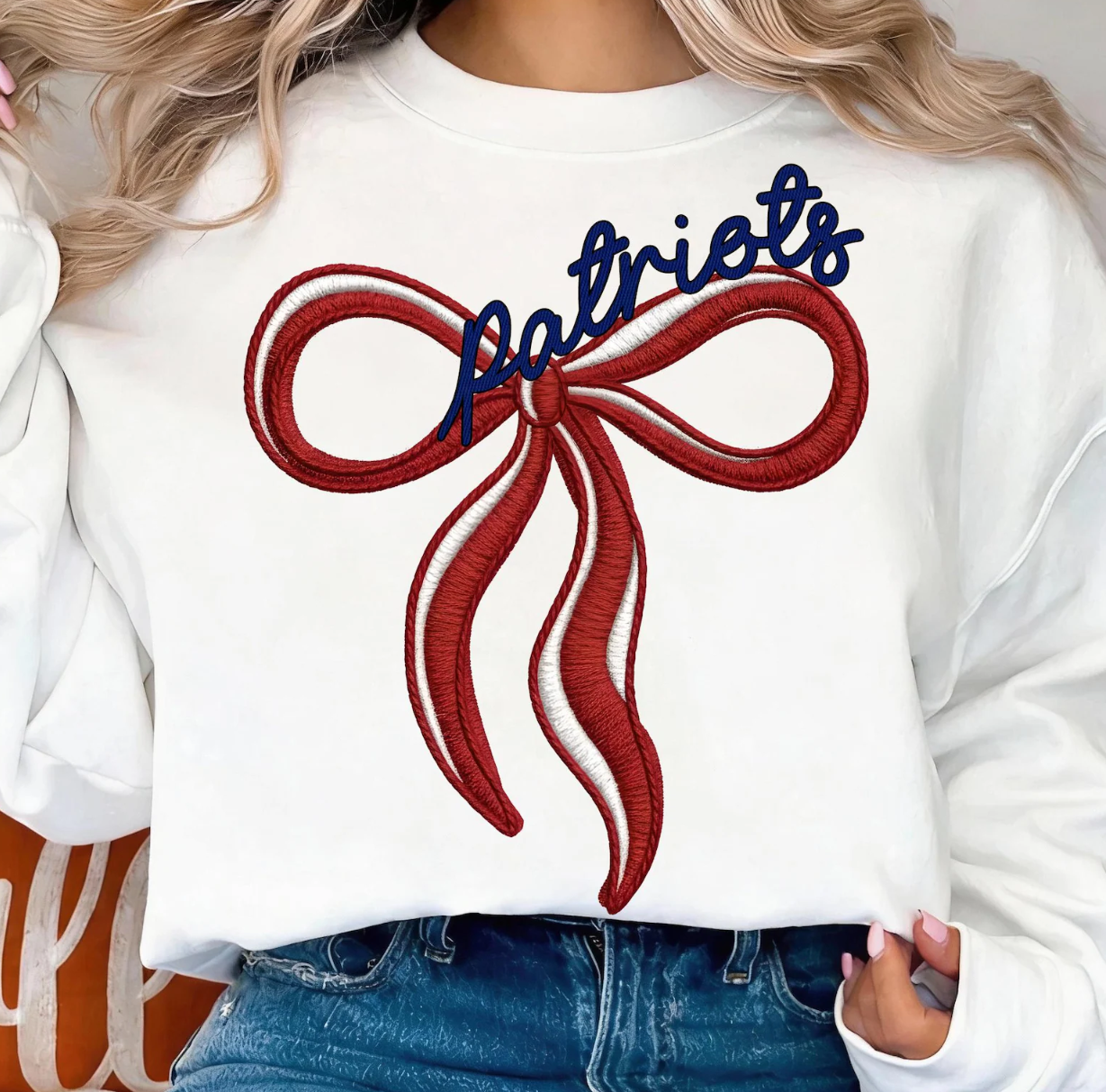 Patriots Faux Crochet, Bow Sweatshirt, White