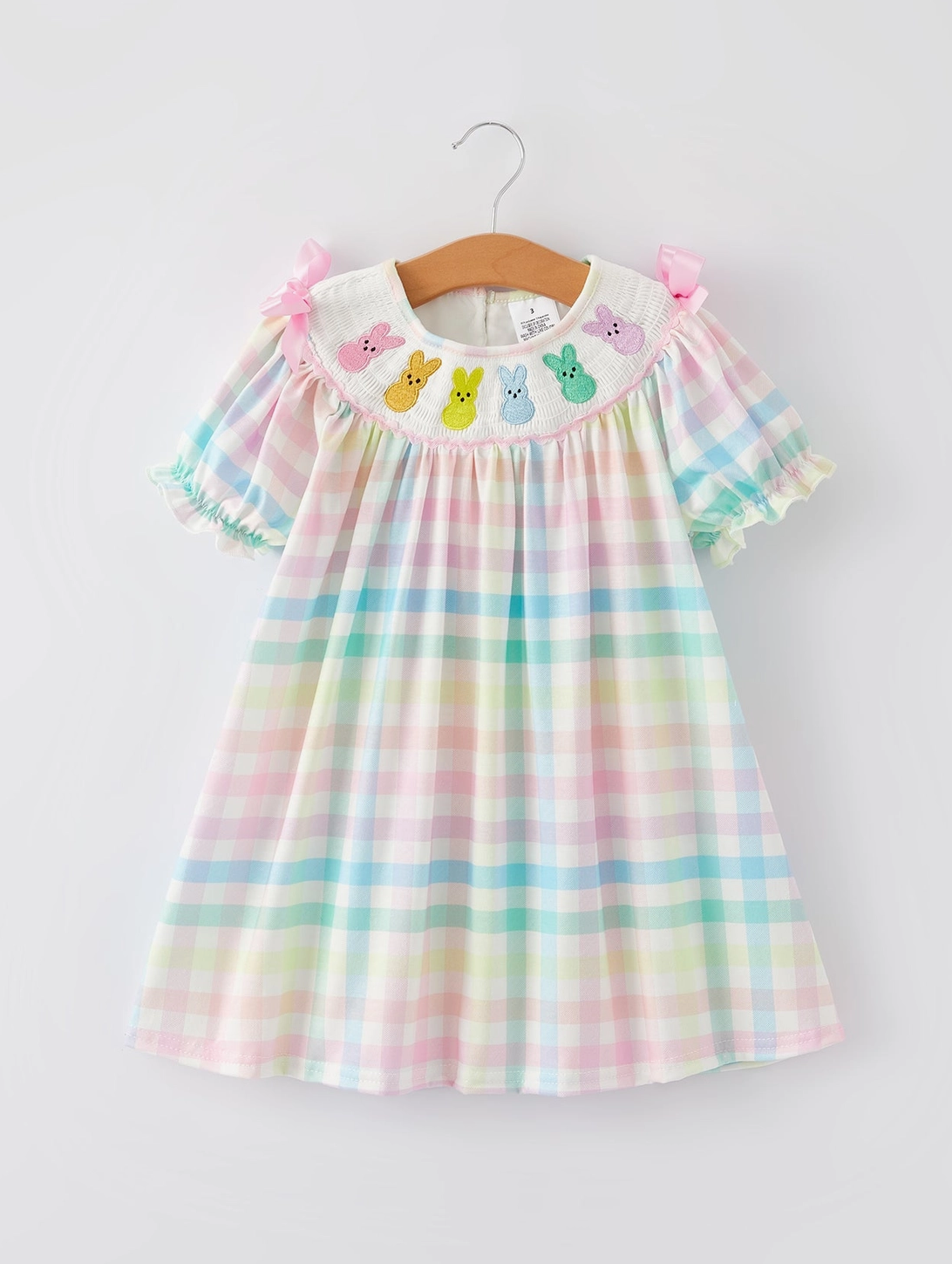 Easter Bunny Embroidery Girls Pink Plaid Bow Dress
