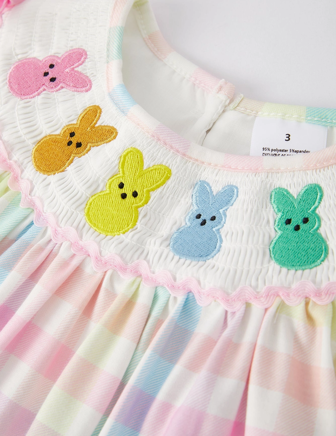 Easter Bunny Embroidery Girls Pink Plaid Bow Dress