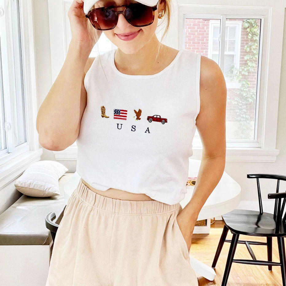 Embroidered USA Icons Comfort Colors Tank Top, White