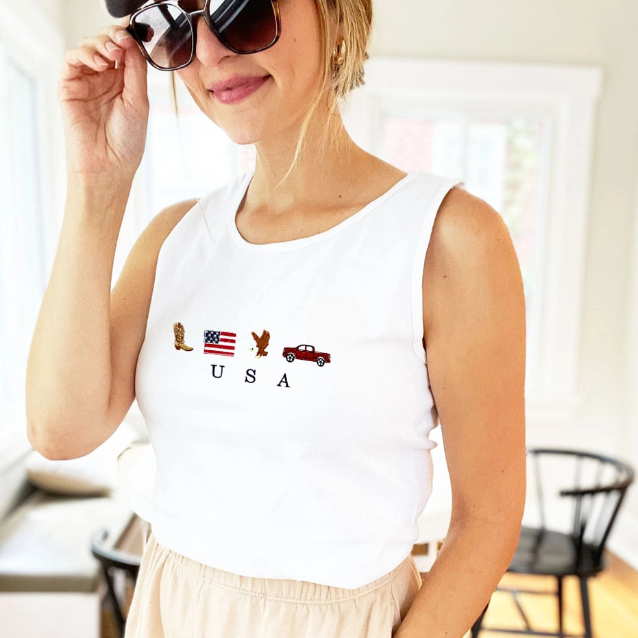 Embroidered USA Icons Comfort Colors Tank Top, White