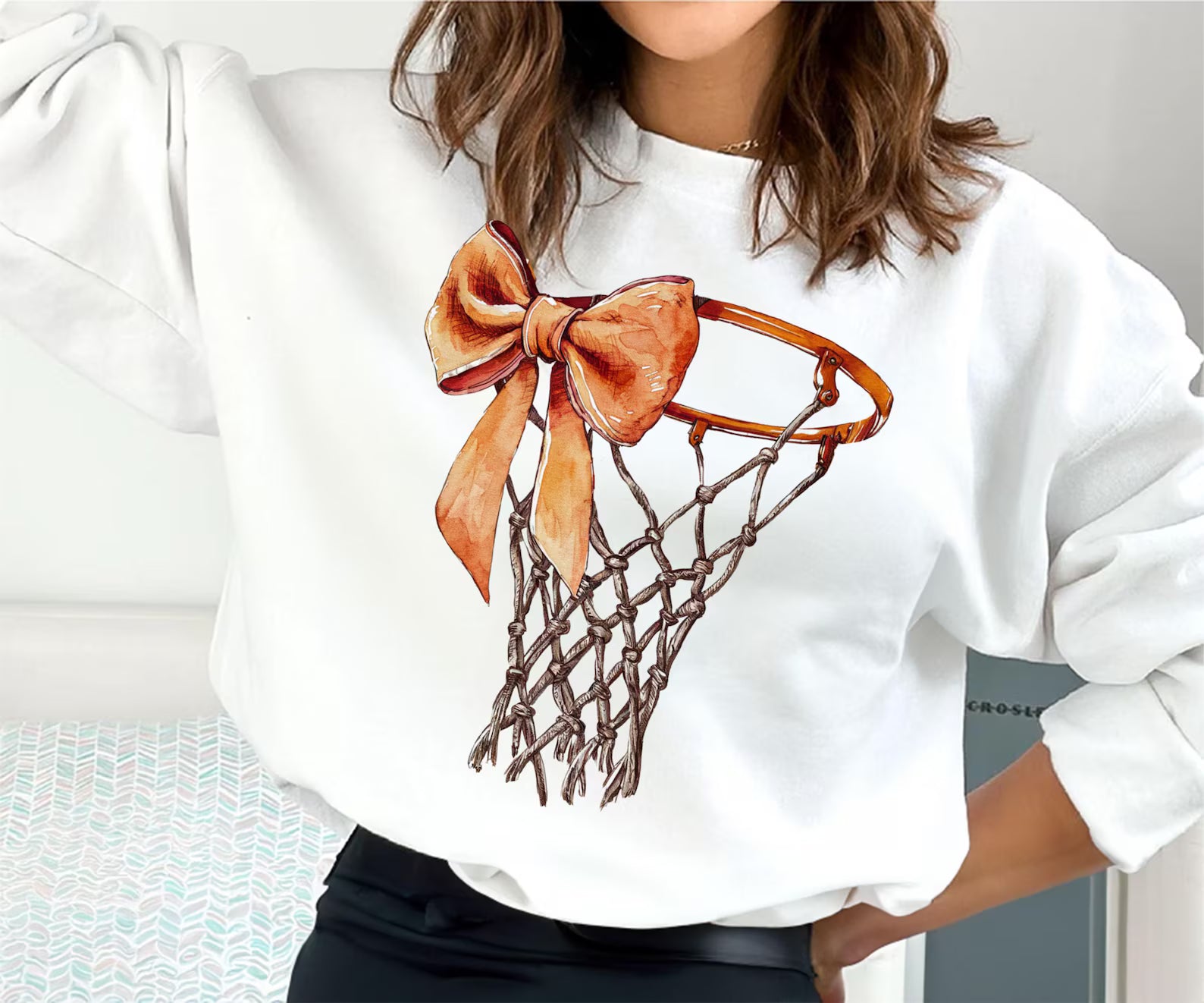 Basketball Hoop with Bow Sweatshirt, White