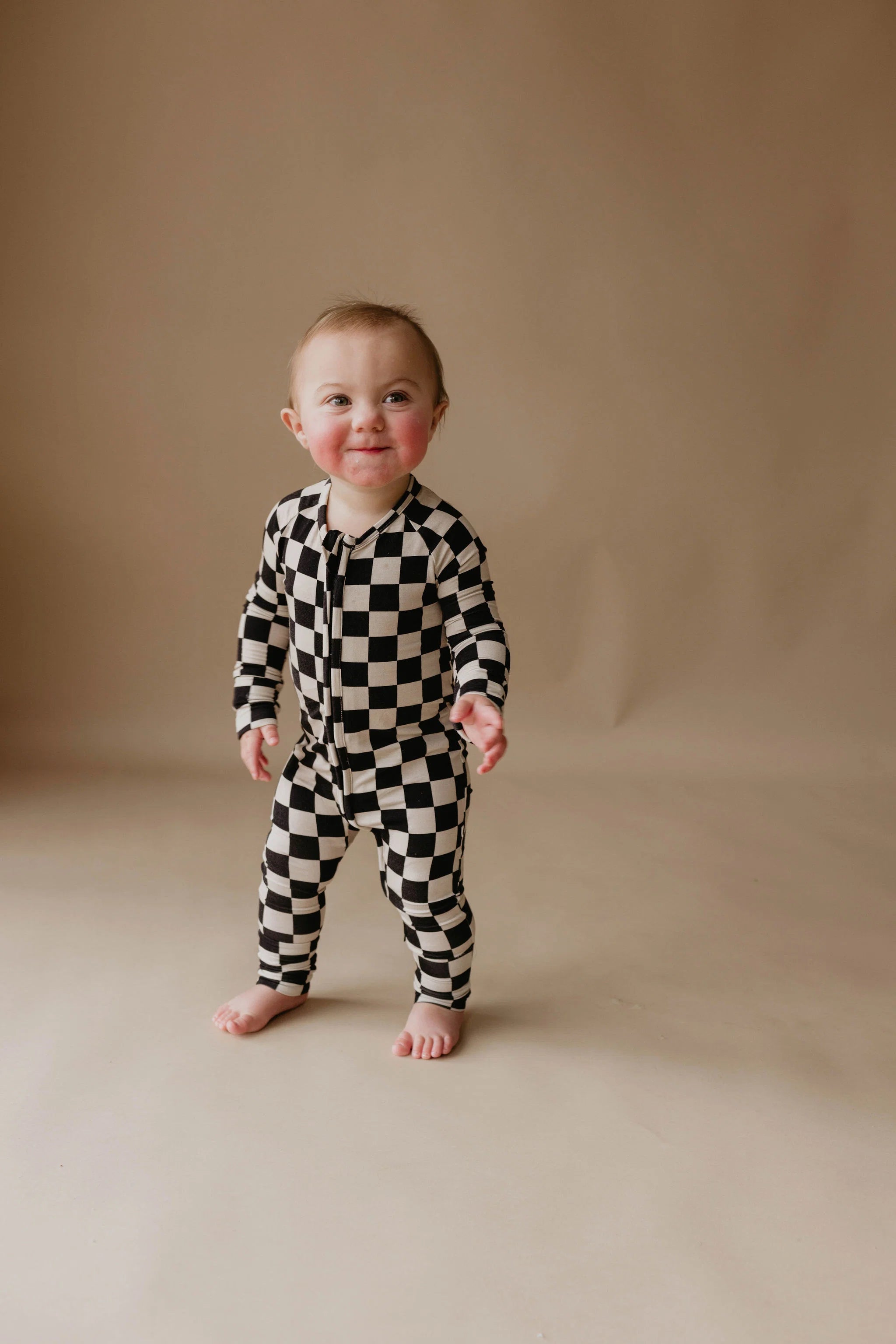 Forever French: Bamboo Zip Pajamas, Black Checkerboard