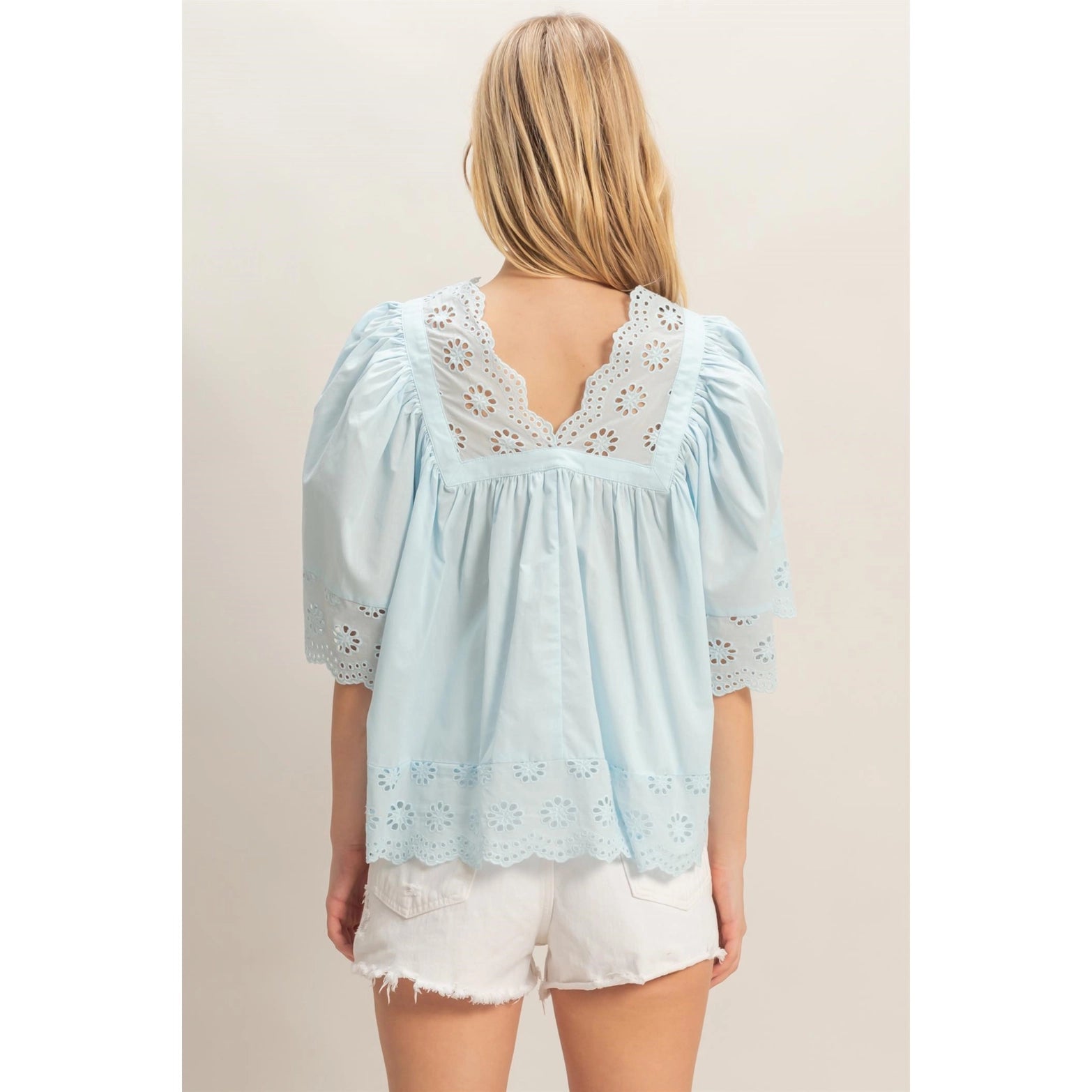 Blue Scalloped Eyelet Babydoll Top