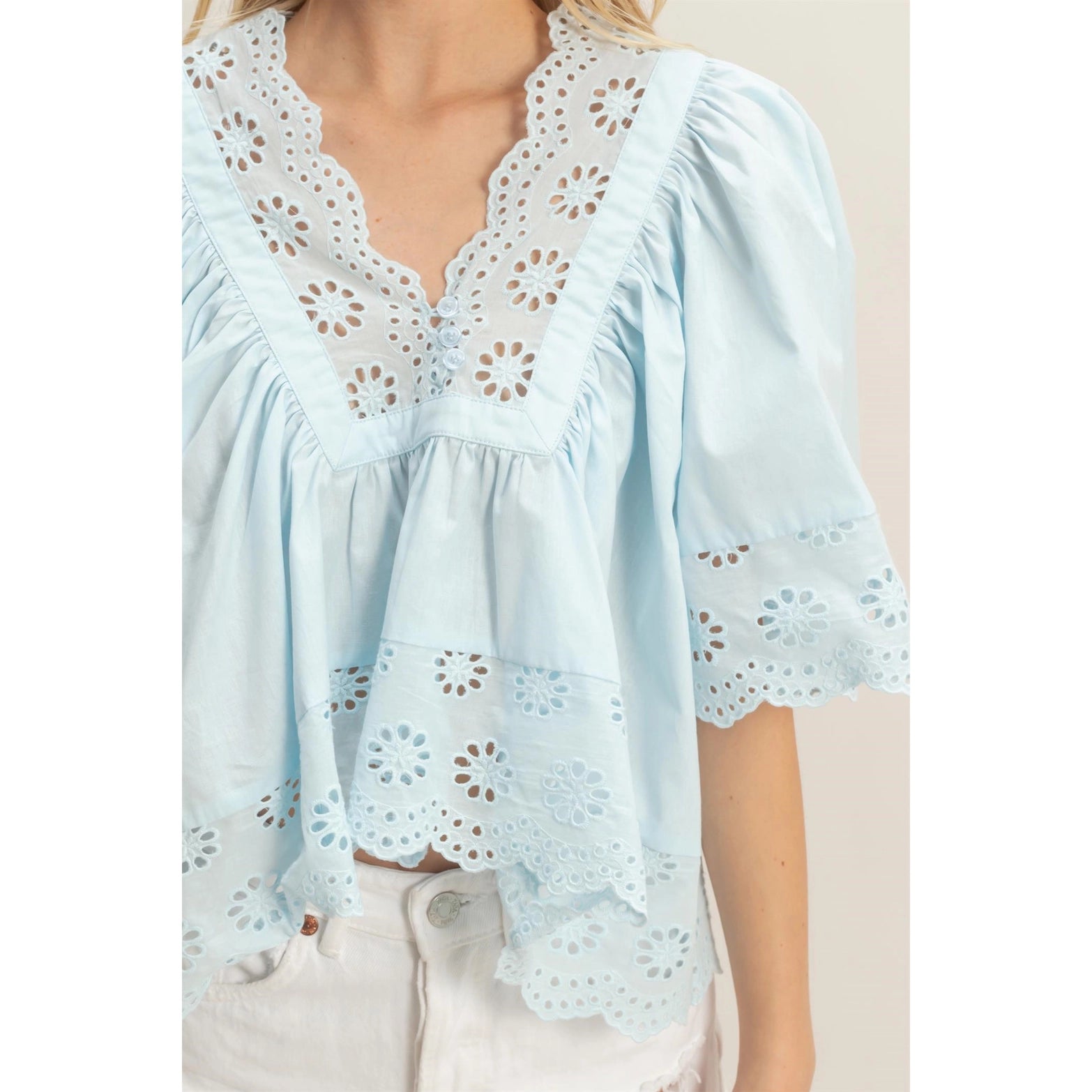 Blue Scalloped Eyelet Babydoll Top