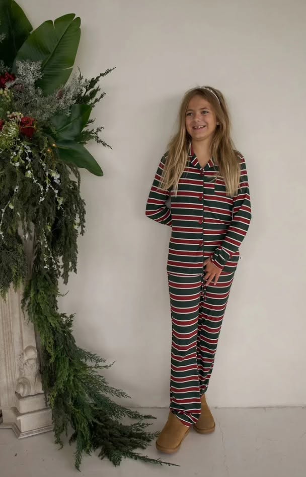 FOREVER FRENCH:  Girl's Bamboo Button Up Lounge Set | Holiday Stripe