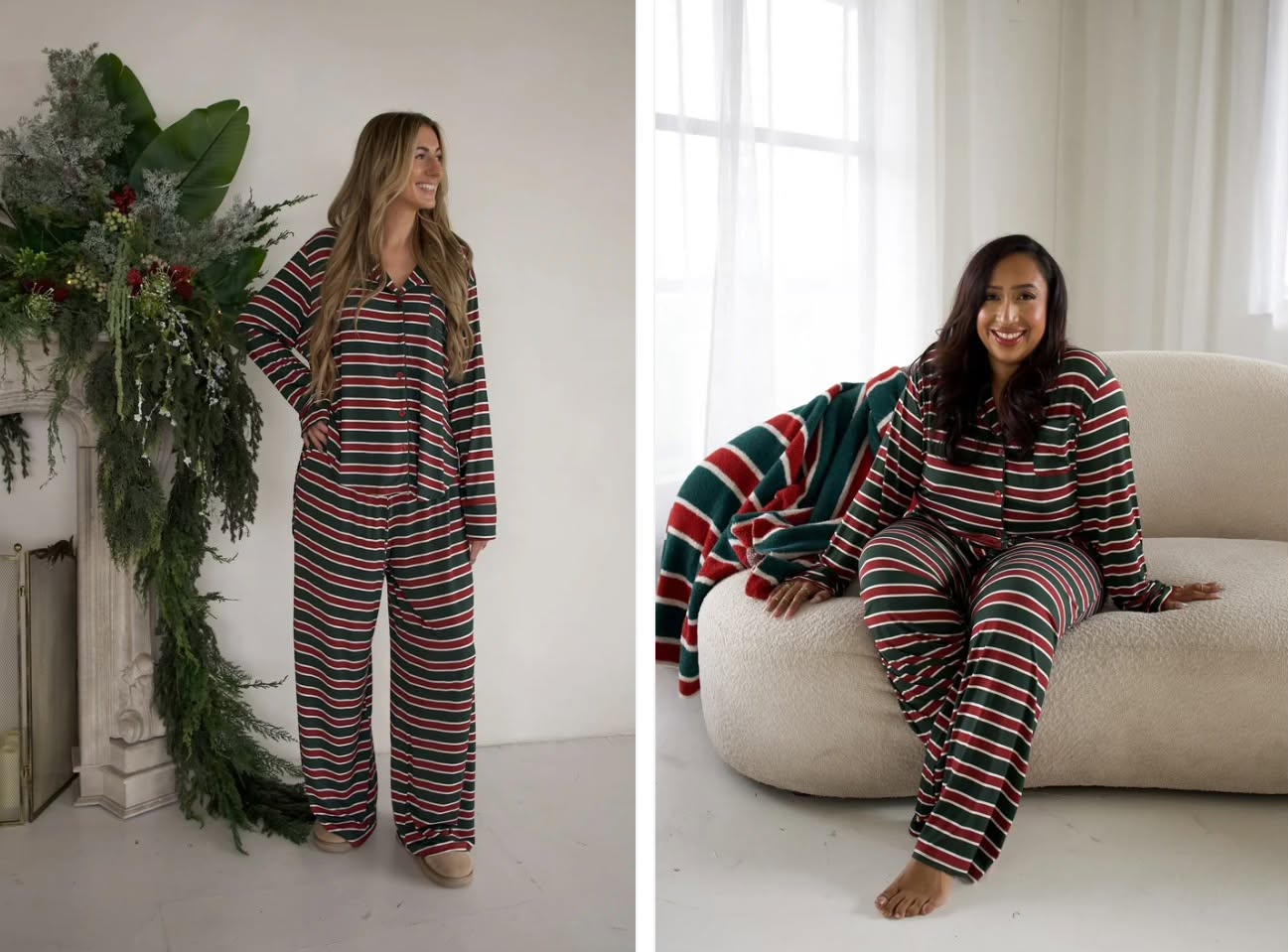 FOREVER FRENCH:  Women's Bamboo Button Up Lounge Set | Holiday Stripe