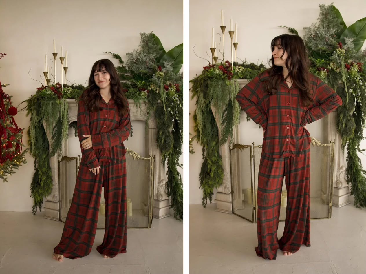 FOREVER FRENCH:  Women's Bamboo Button Up Lounge Set | Christmas Plaid