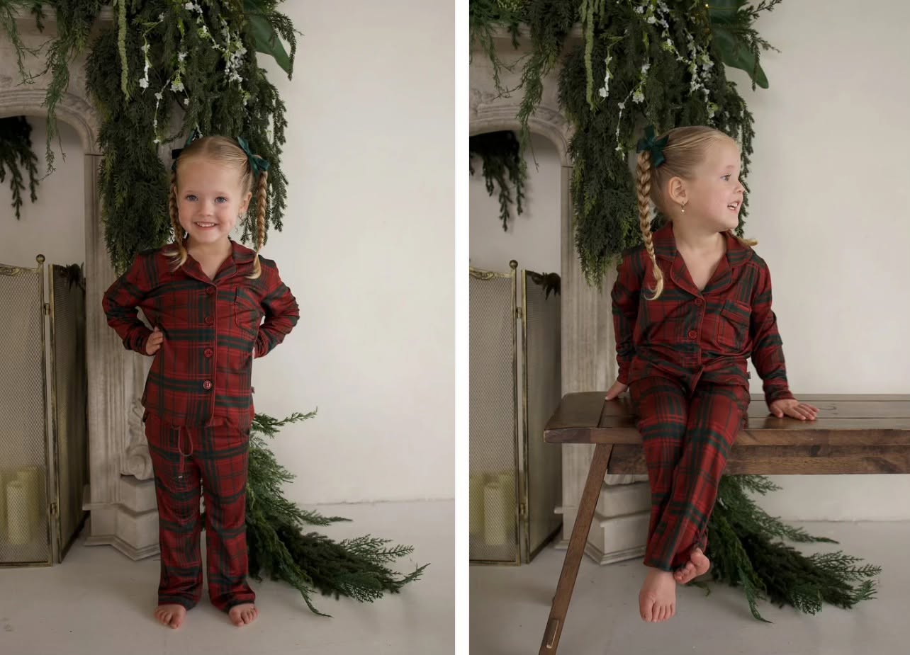FOREVER FRENCH:  Girl's Bamboo Button Up Lounge Set | Christmas Plaid