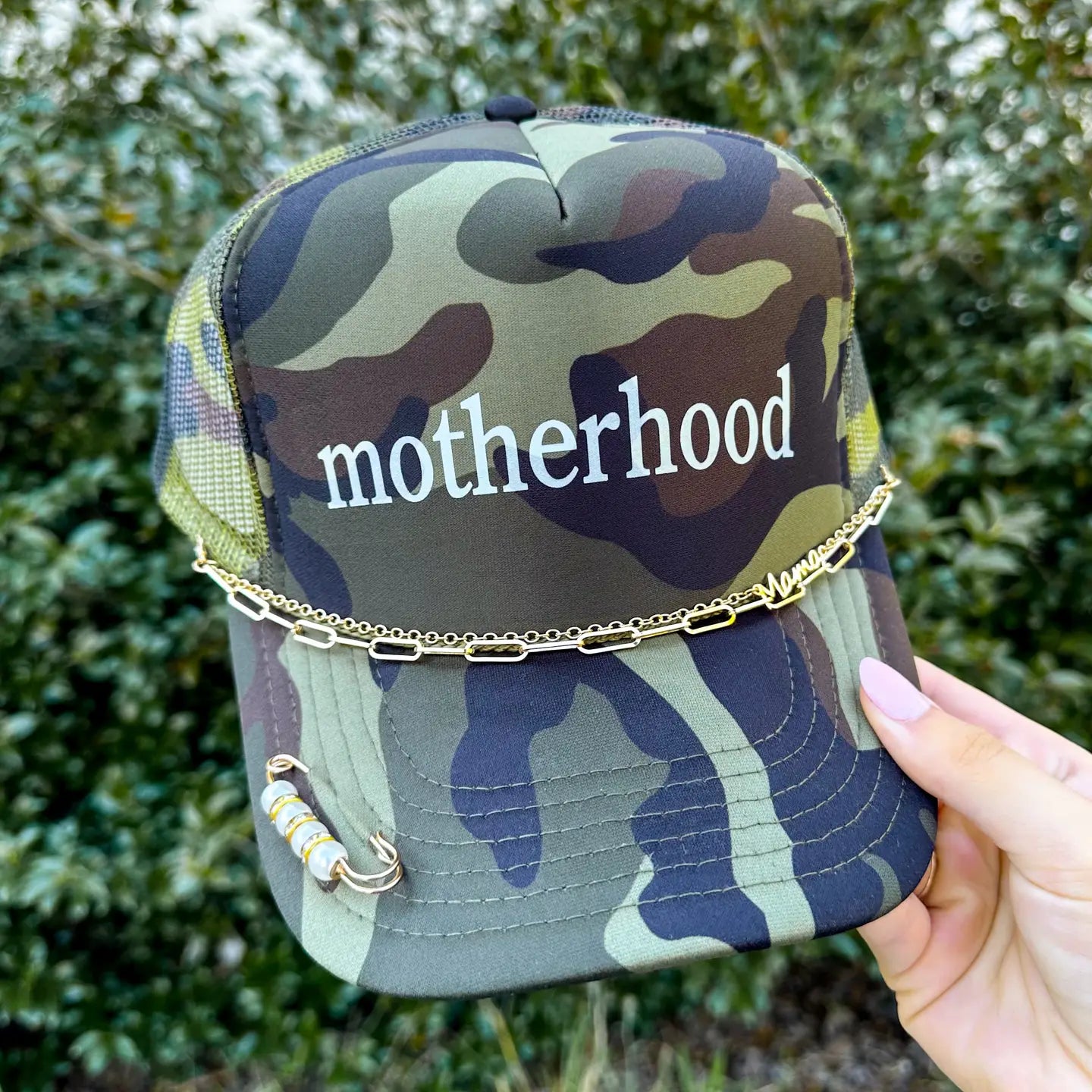 Motherhood Camo Trucker Hat, with Chain & Pin